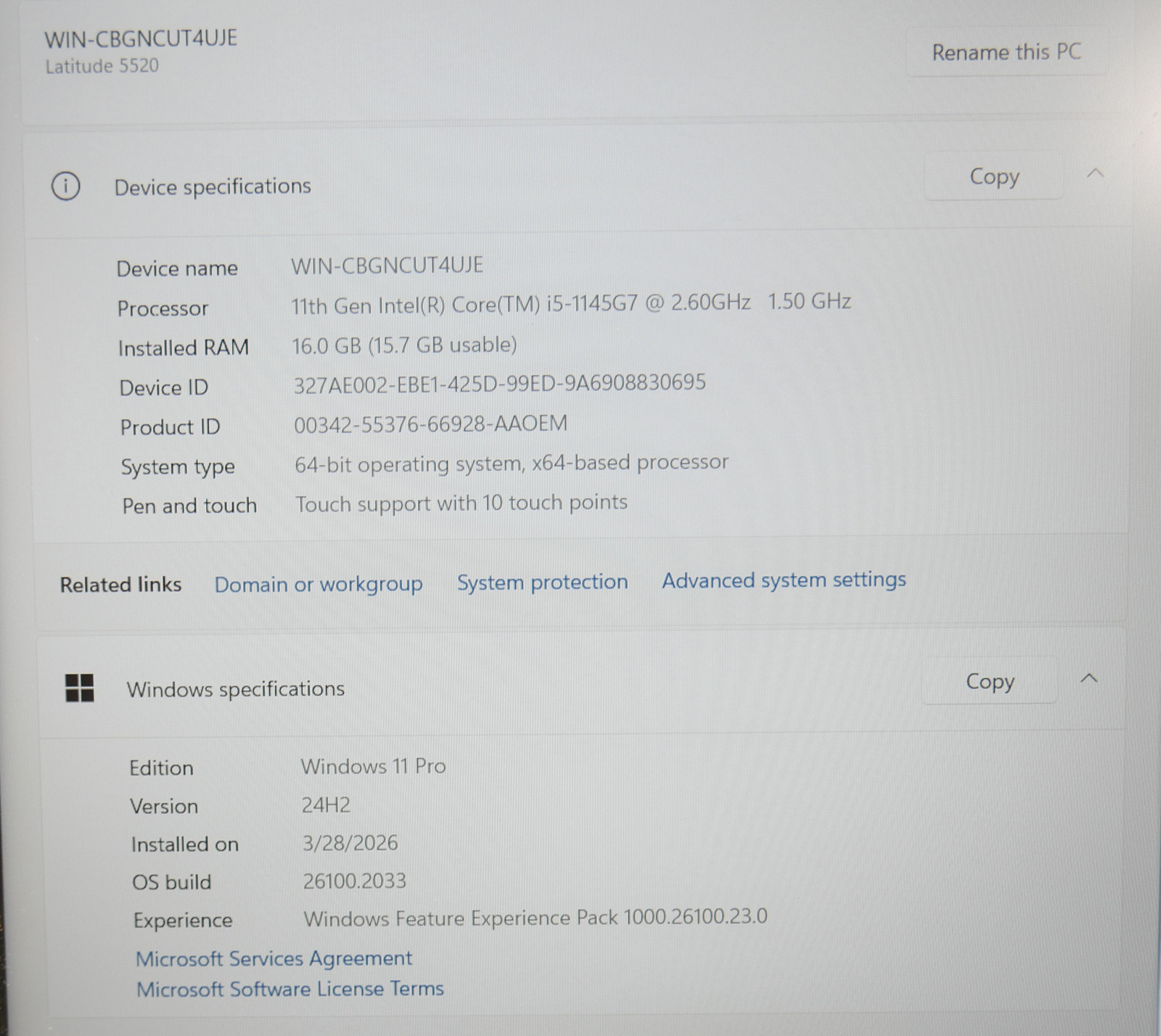 Dell Latitude 5520 Intel Core i5-1145G7 2.60GHz 16 GB 256GB SSD 15.6″ W11 Pro Q9