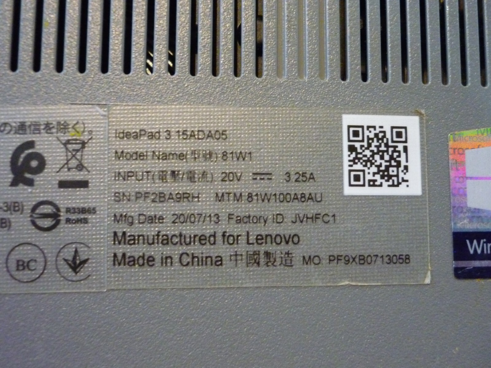 LENOVO IDEAPAD 3 15ADA05 (81W1) 15.6” AMD RAYZEN 5 / 8GB / 256GB SSD / WIN 10