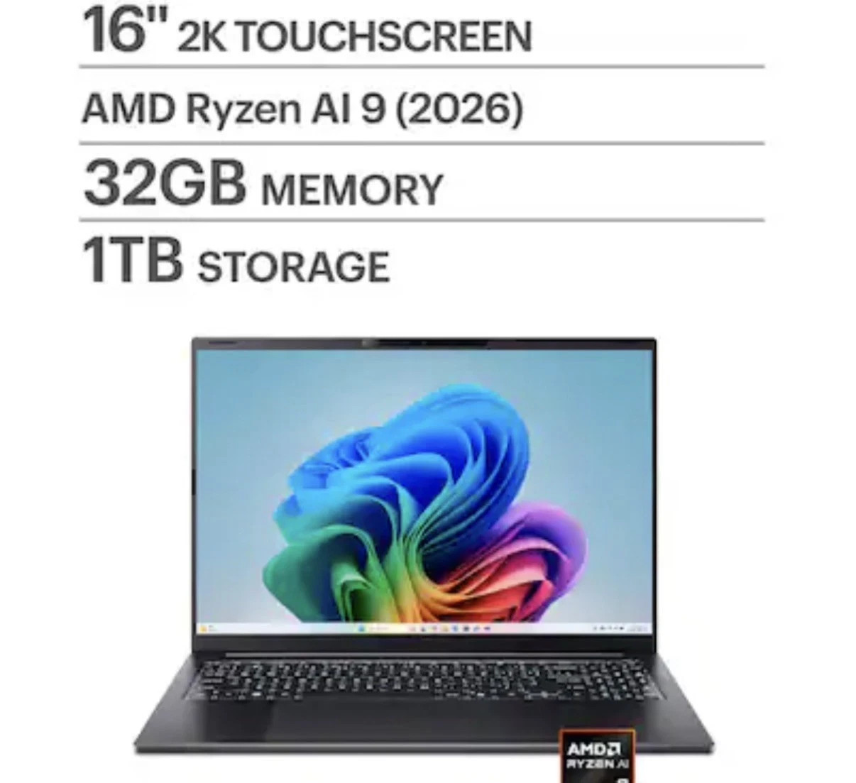 Acer Swift Go 16 AI 16″ Touchscreen Laptop AMD Ryzen AI 9 465, 32GB RAM, 1TB SSD