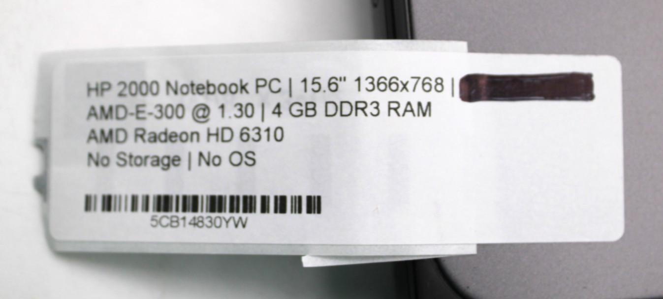 HP 2000 Notebook AMD-E-300@1.3GHz 4GB DDR3 NO STORAGE OR OS *USED/TESTED*