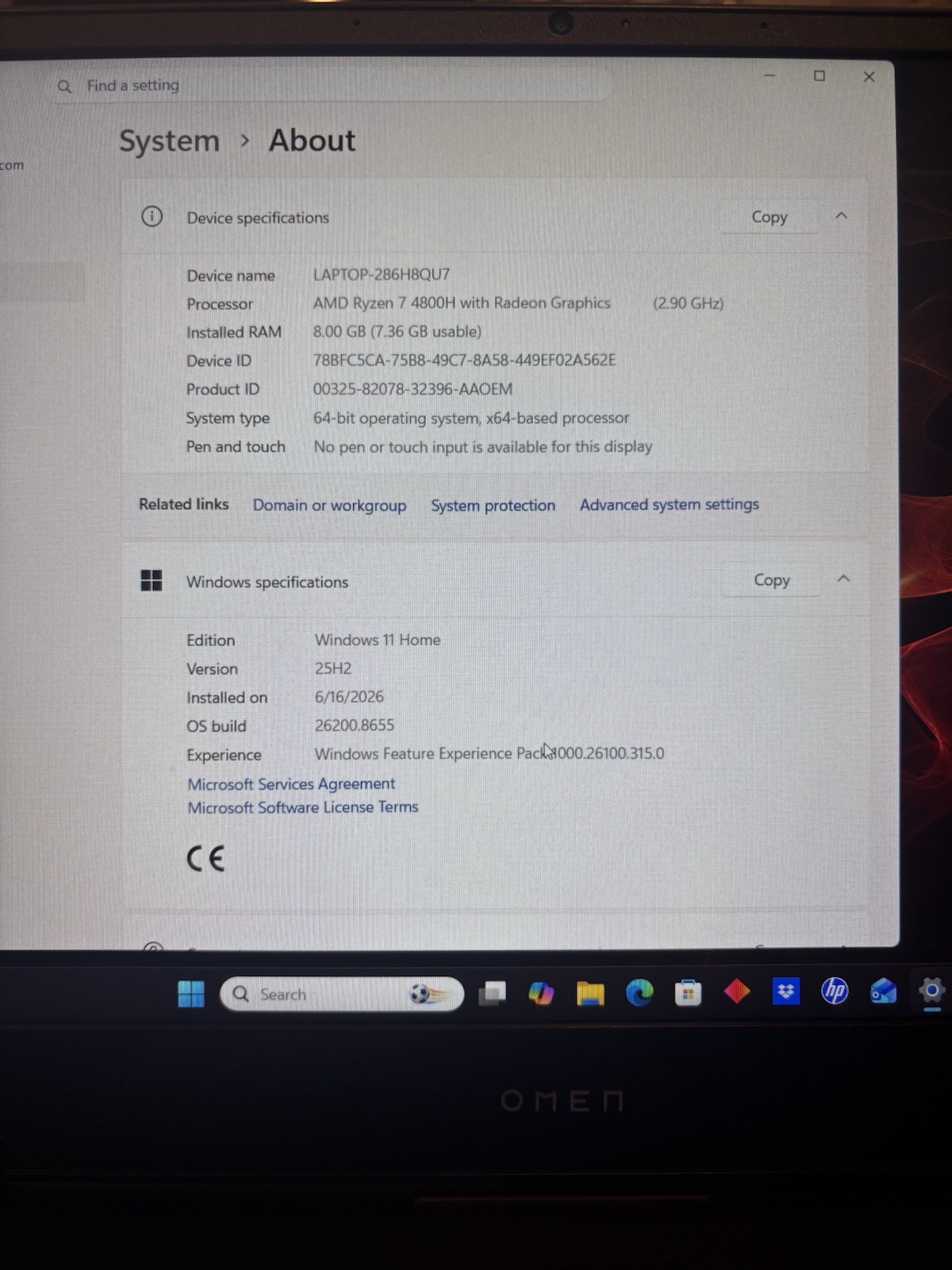 HP OMEN 15.6″ Gaming Laptop Ryzen 7 4800H 8GB Win11 Radeon Black