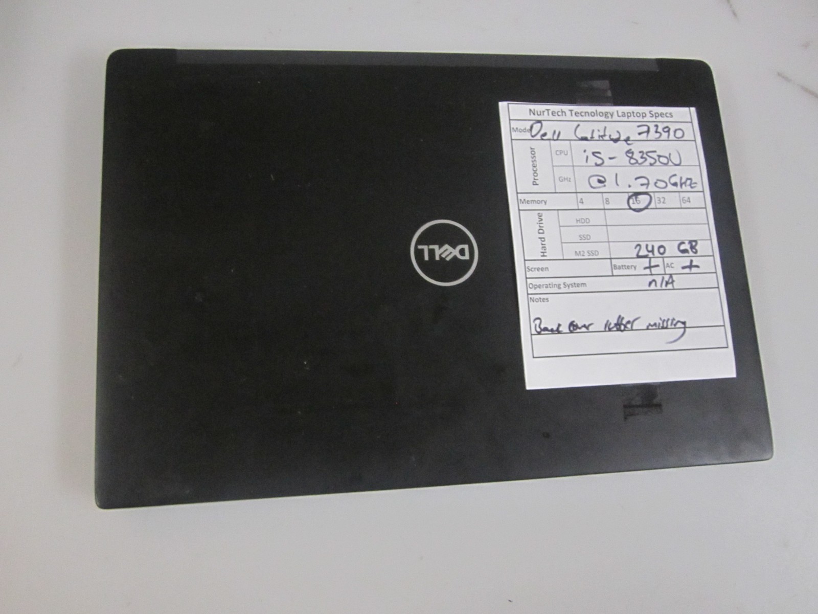 Dell Latitude 7390 i5-8350U 1.70Ghz 16GB 240M2SSD Laptop NO OS w/AC READ