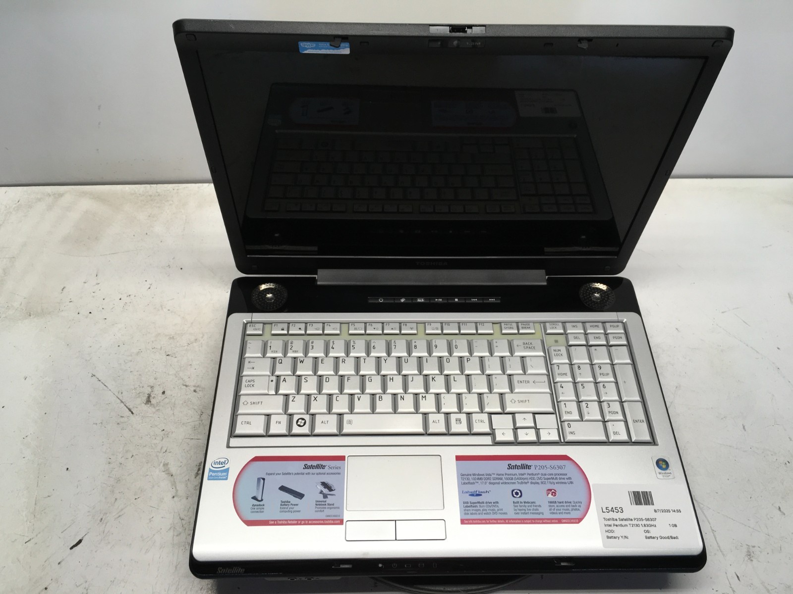 Toshiba Satellite P205-S6307 Intel Pentium T2130 1.83GHz 1 GB NO HDD