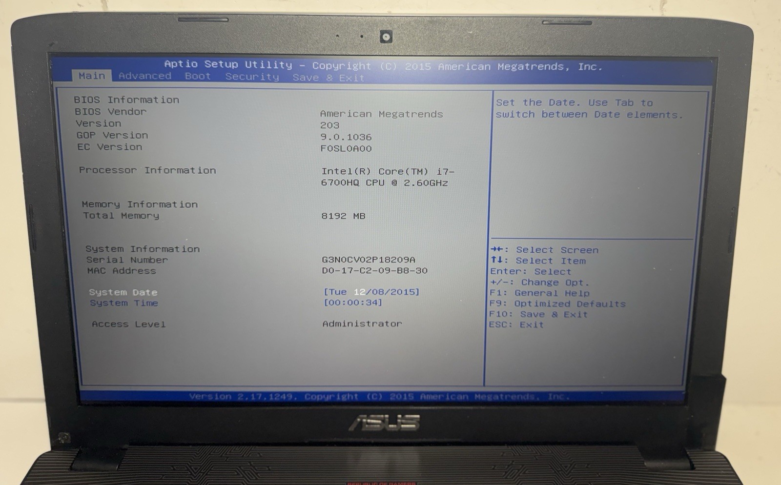 ASUS GL552V Gaming Laptop i7-6700HQ 8GB DDR4 GTX960M (NO SSD/AC) *READ* #0046
