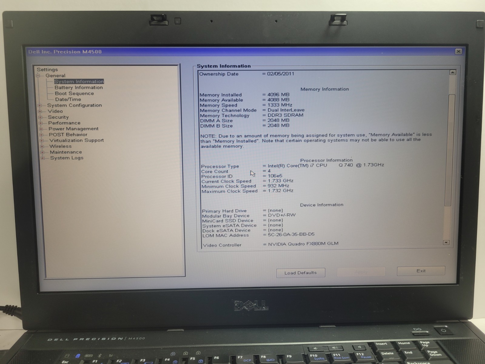 DELL PRECISION M4500 w/i7-Q740, 4GB RAM, Quadro FX880M GLM 1GB for Repair #0312