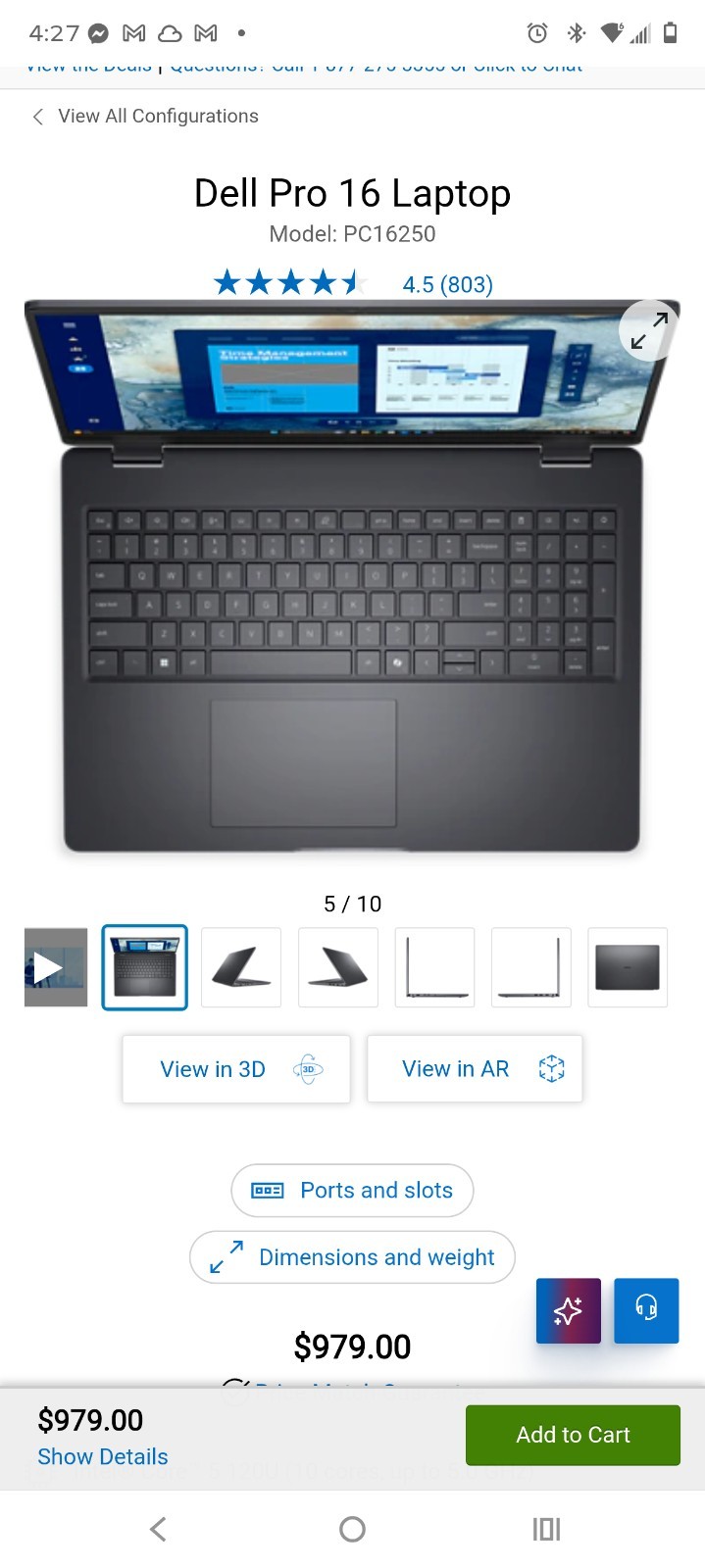 Dell Pro 16 Laptop PC16250 16in Gray HDMI USB-C Built-in Webcam