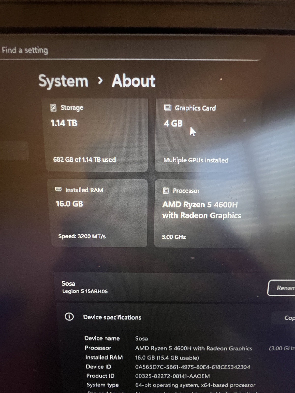 Lenovo Legion 5 15ARHO5H, AMD Ryzen 5 16GB RAM, 1.14TB Hdd 256 Nvme Ssd
