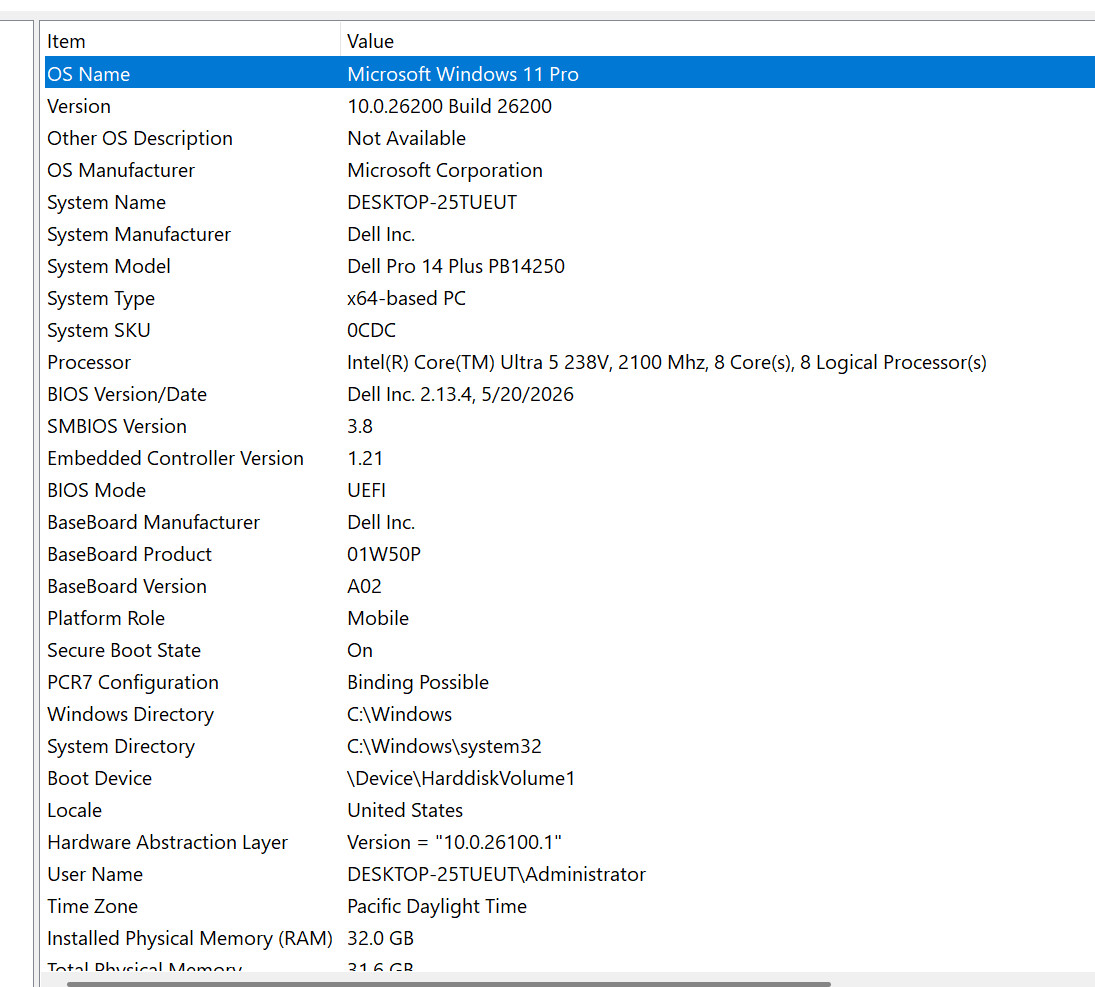 Dell Pro 14 Plus PB14250 14″FHD+ Ultra 5 238V 32GB 512GB Warranty 2030 Win 11PRO