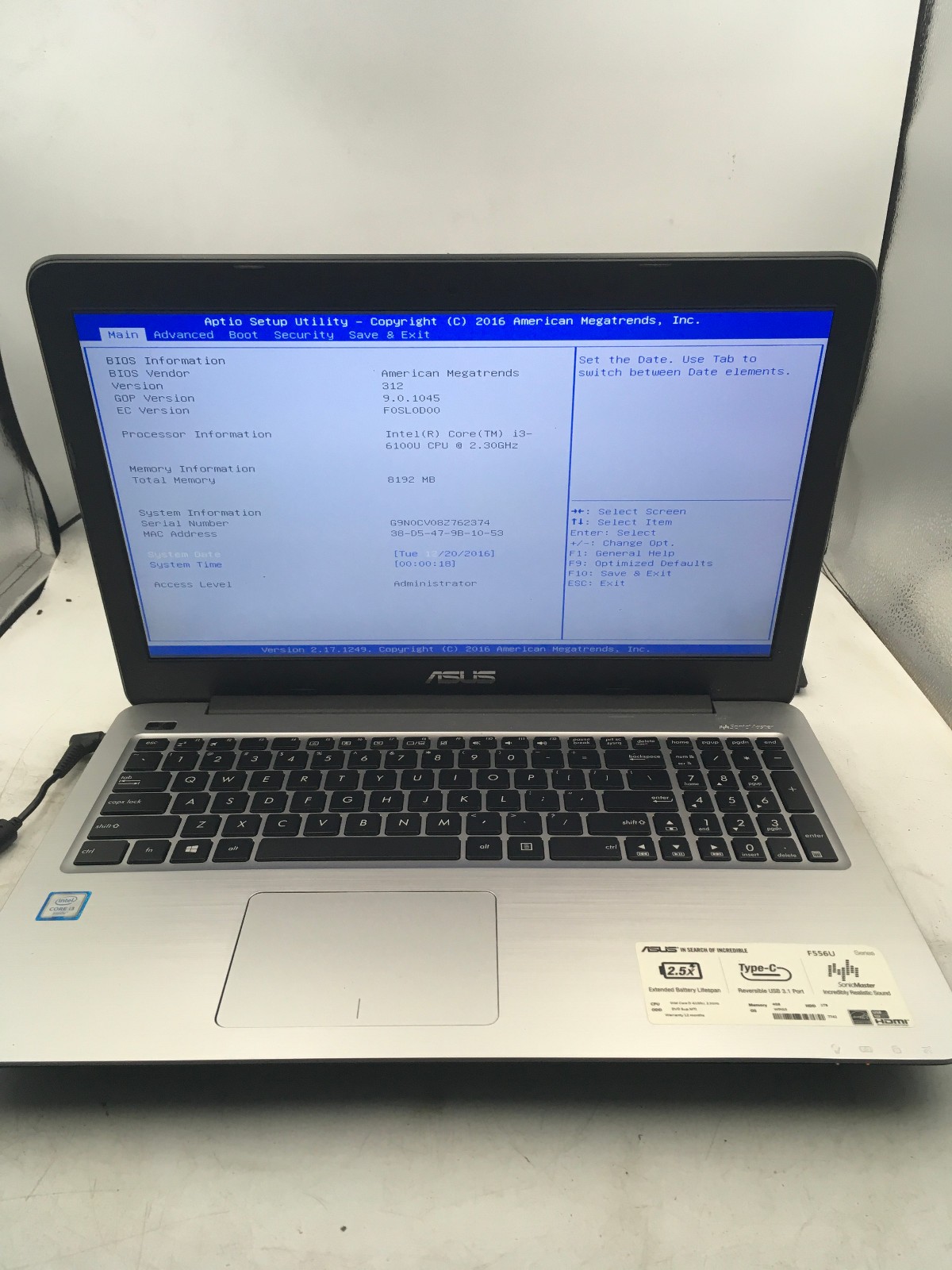 ASUS F556U NOTEBOOK – BOOTS TO BIOS – INTEL I3 6100U – NO RAM – NO OS – READ -BB