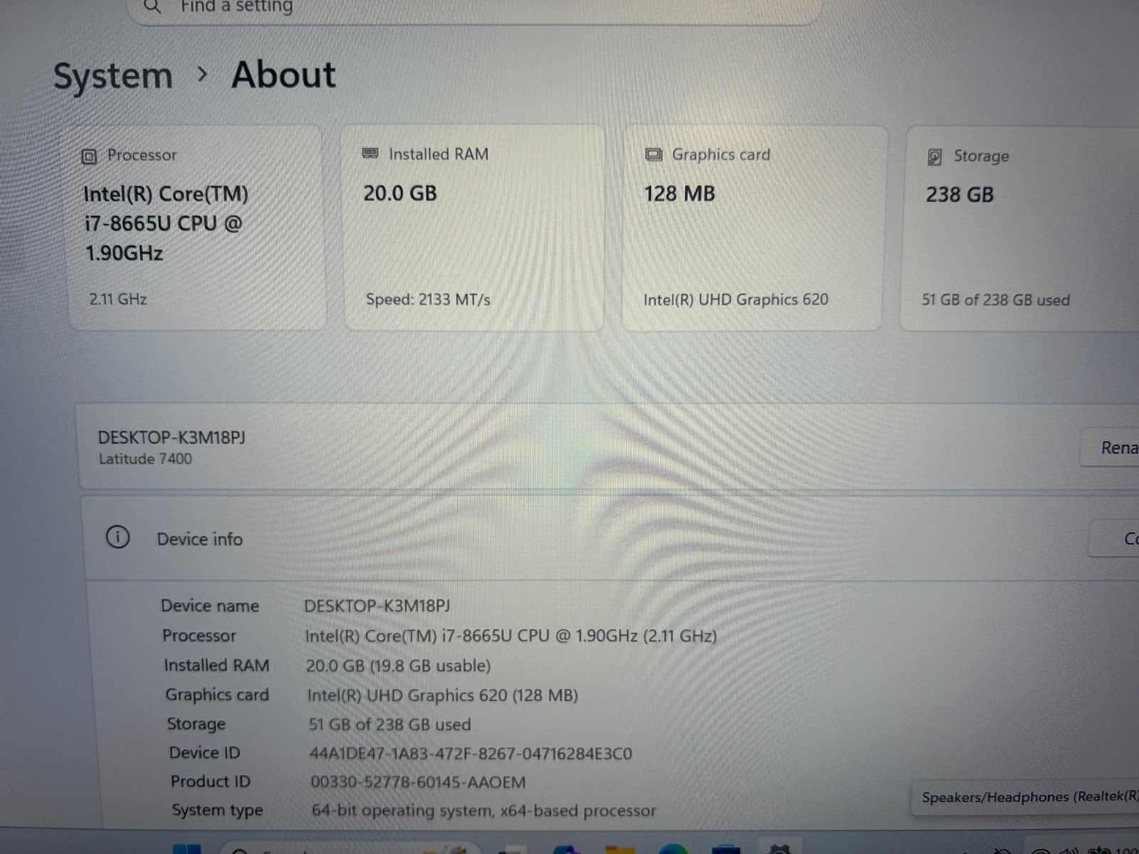 DELL LATITUDE 7400, Intel Core i7-8665U, 1.90 GHz, 20 GB RAM, 256 GB M.2