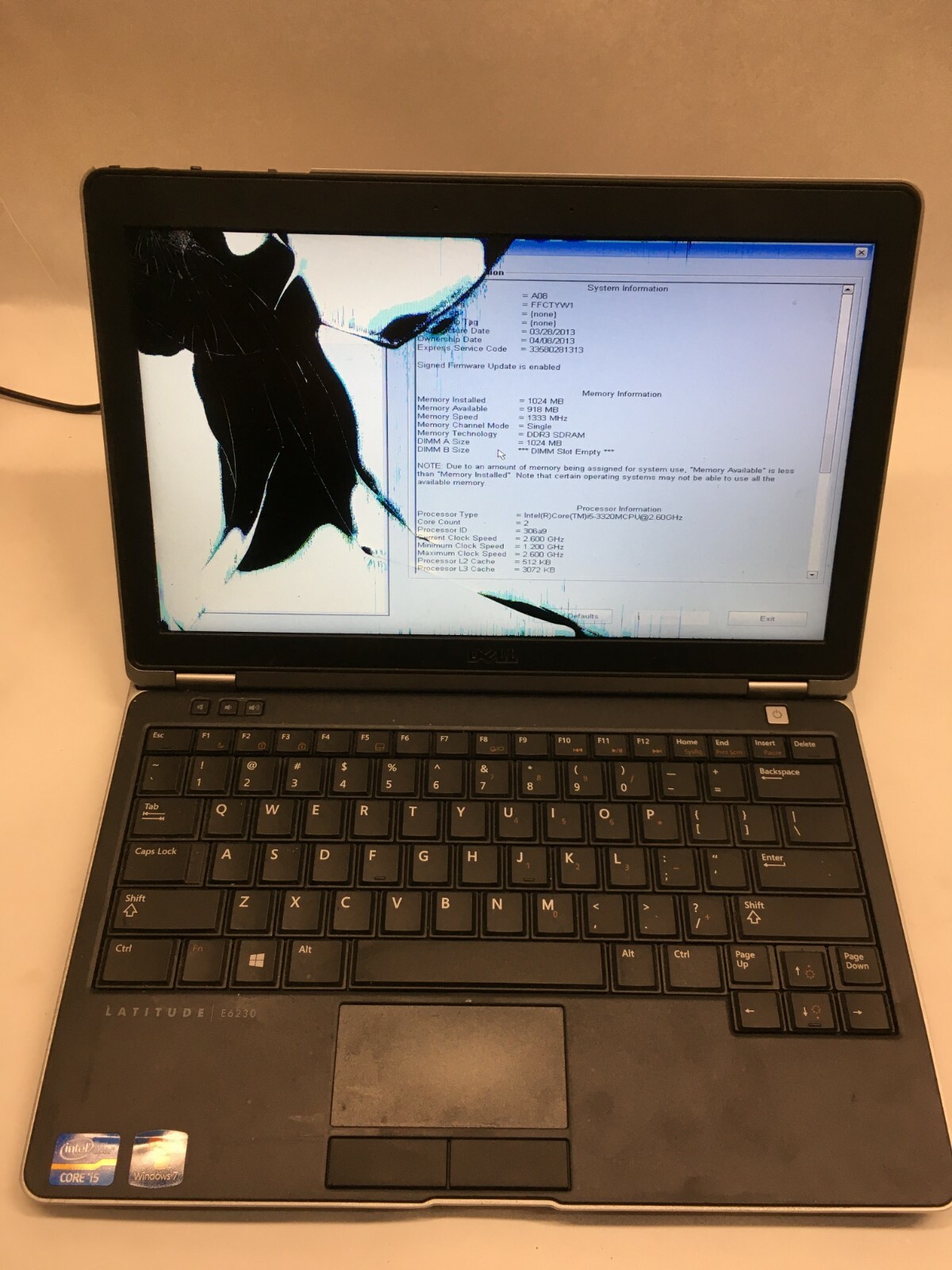 Dell Latitude E6320 13.3″ Core i5 Laptop For Parts Broken LCD NO HDD/Battery JR
