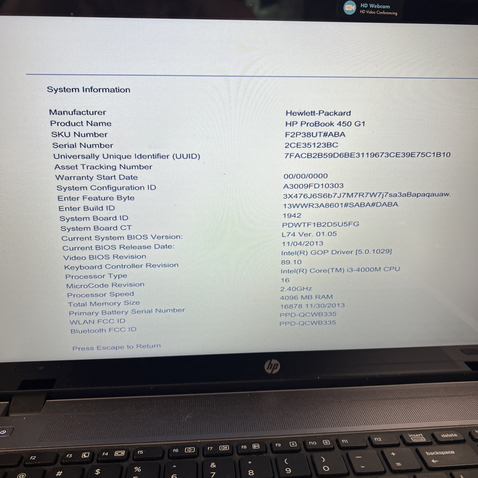 HP ProBook 450 G1 Notebook Laptop 15.6″ Intel Core i3-4000M 4GB Ram – NO HDD