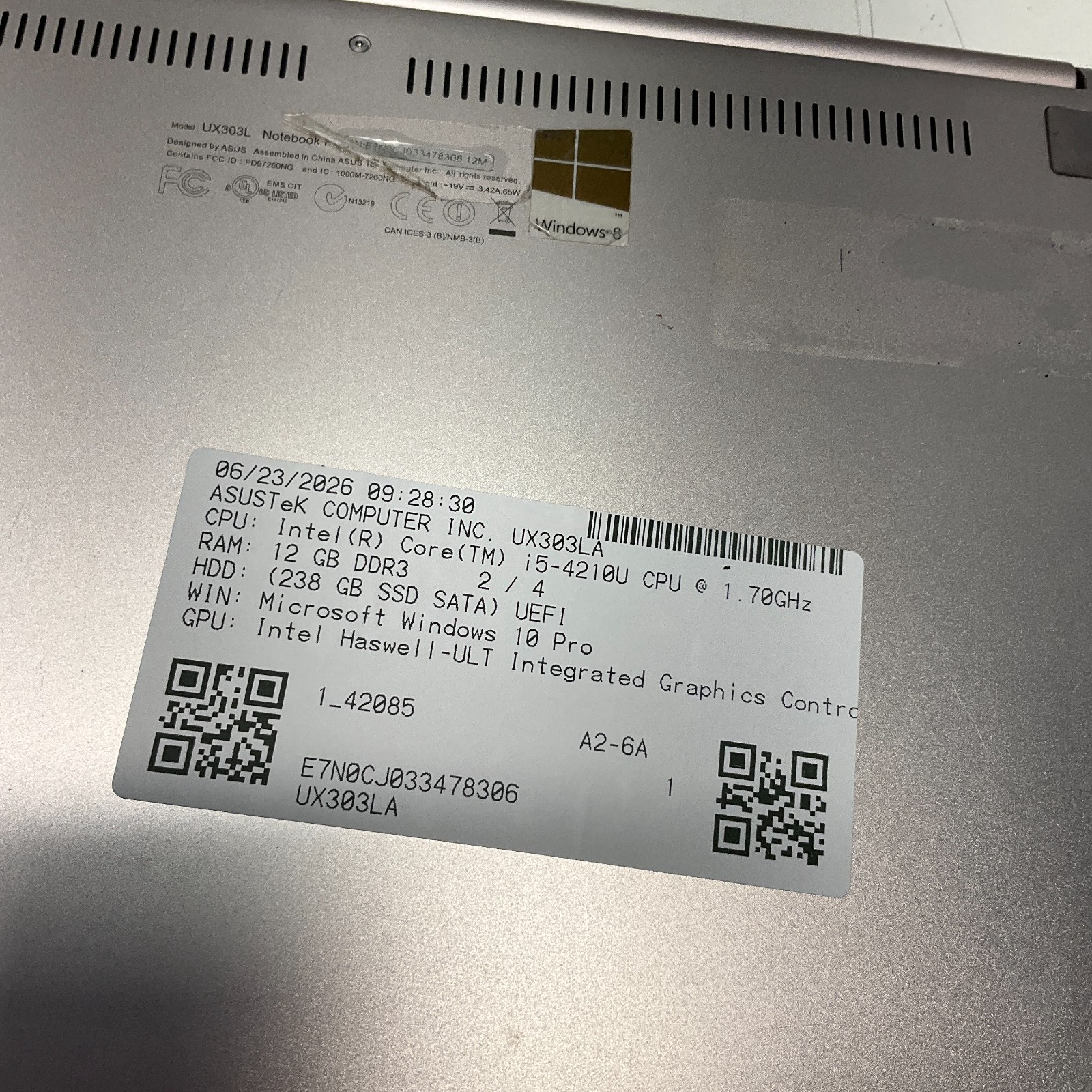 Asus UX303LA Laptop Intel Core i5-4210U @ 1.70 GHz 12GB 256GB SSD Win 10 Pro