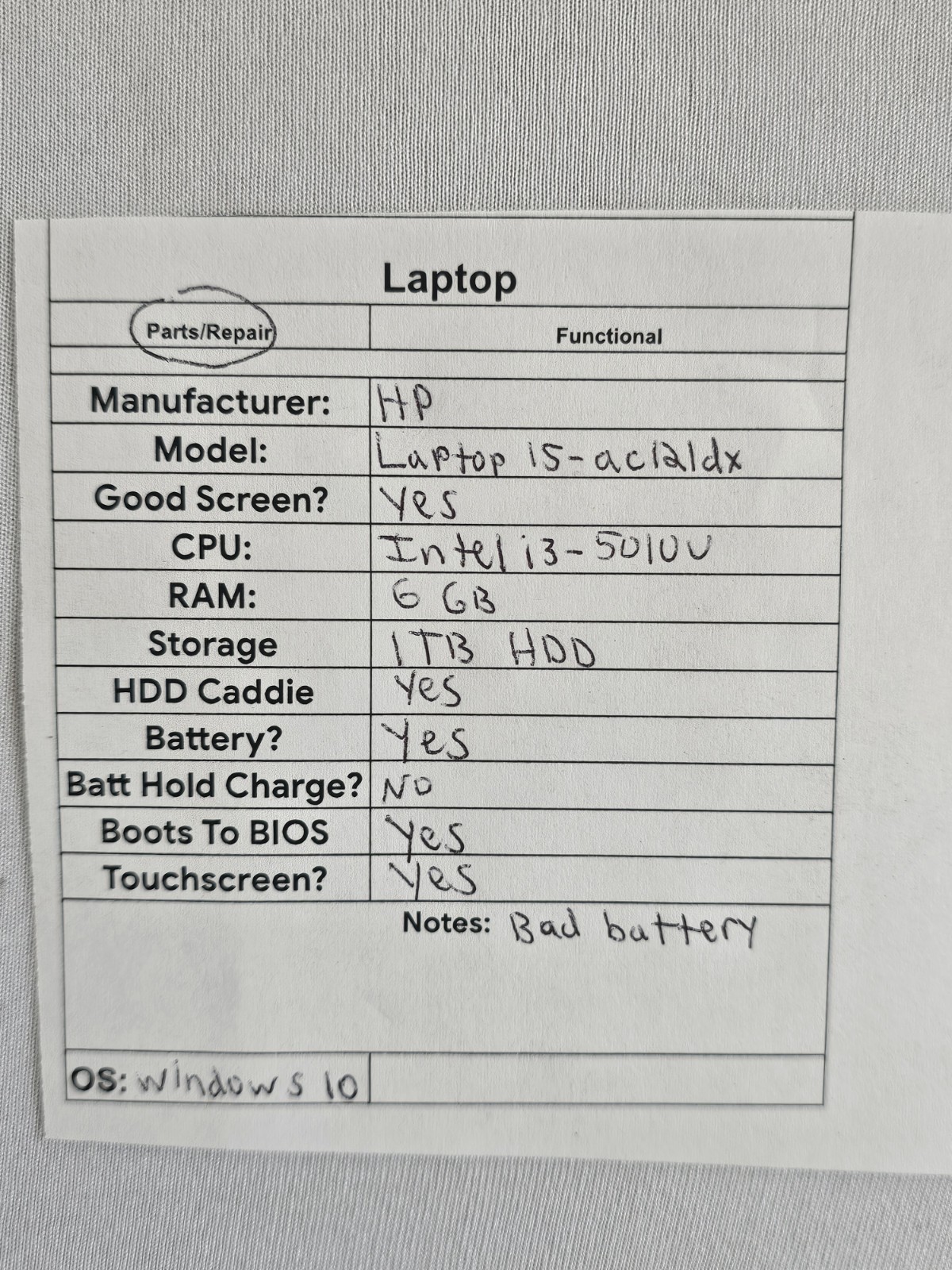 HP 15-ac121dx Laptop – Intel i3-5010u – 6GB RAM – 1TB HDD – BAD BATT Windows 10