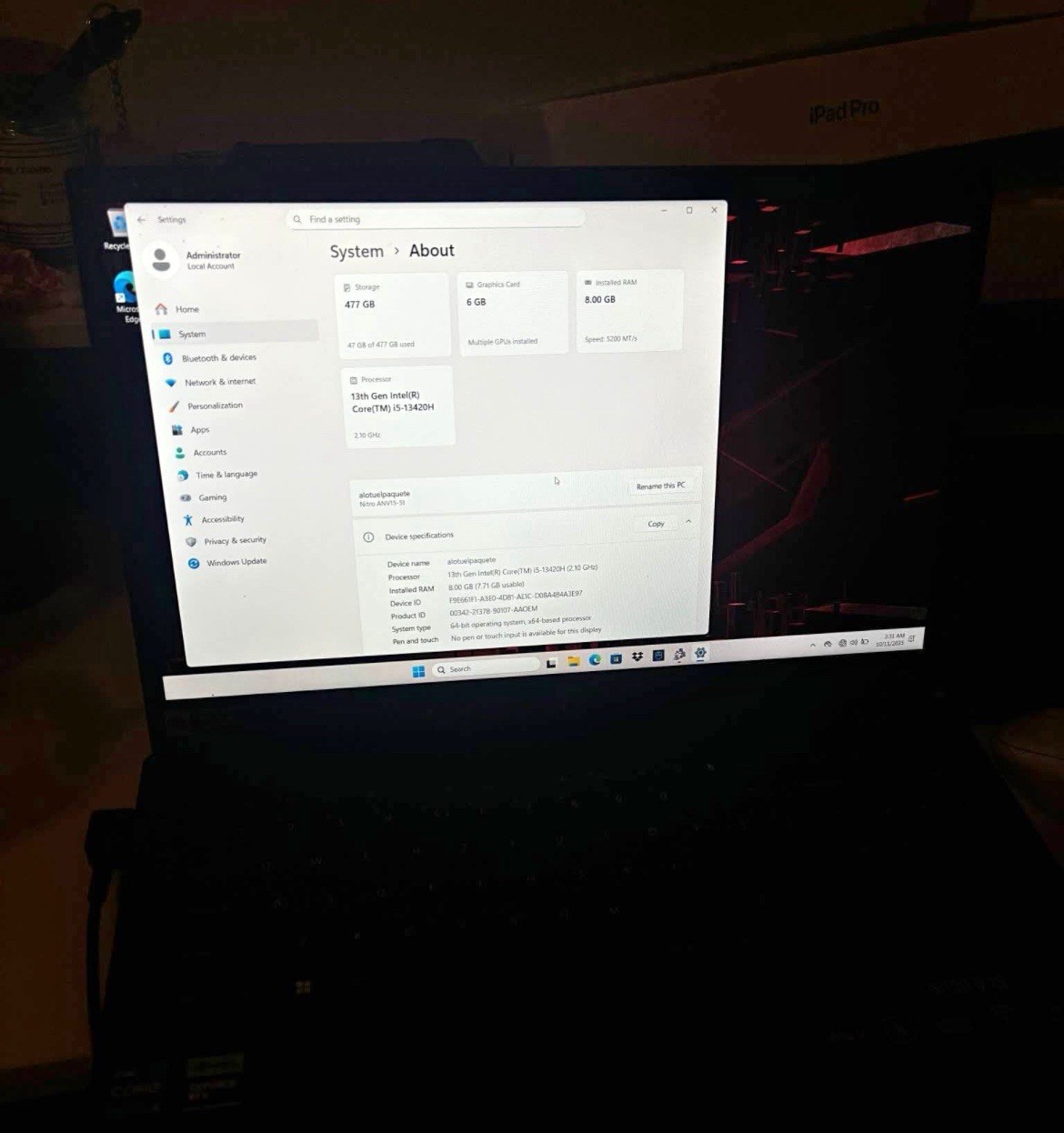 Acer Nitro V15 — Intel i5 13th Gen / 8GB RAM / 512GB SSD