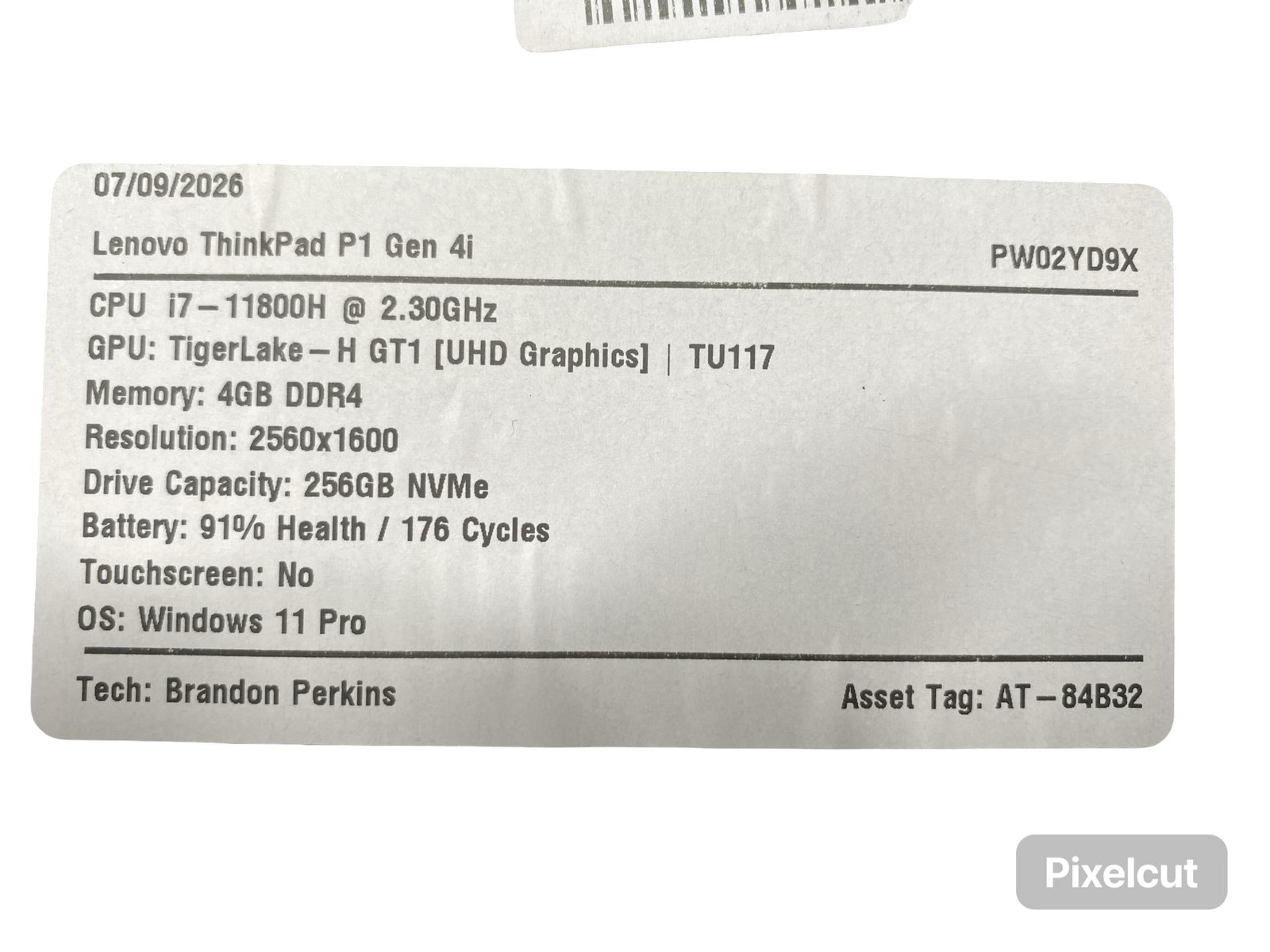 Lenovo ThinkPad P1 Gen 4i i7 11800H 4GB Win11Pro 256GB Battery Inc Grade C