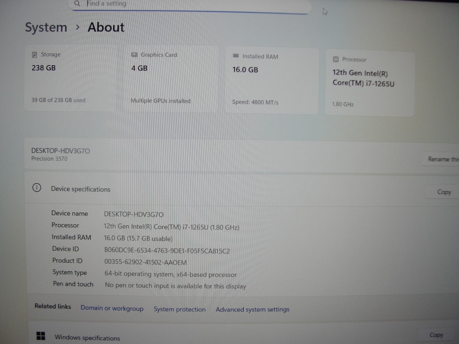 Dell Precision 3570 15.6”FHD Core i7-1265U 1.8GHz 16GB RAM 256GB SSD NV T550+P/A