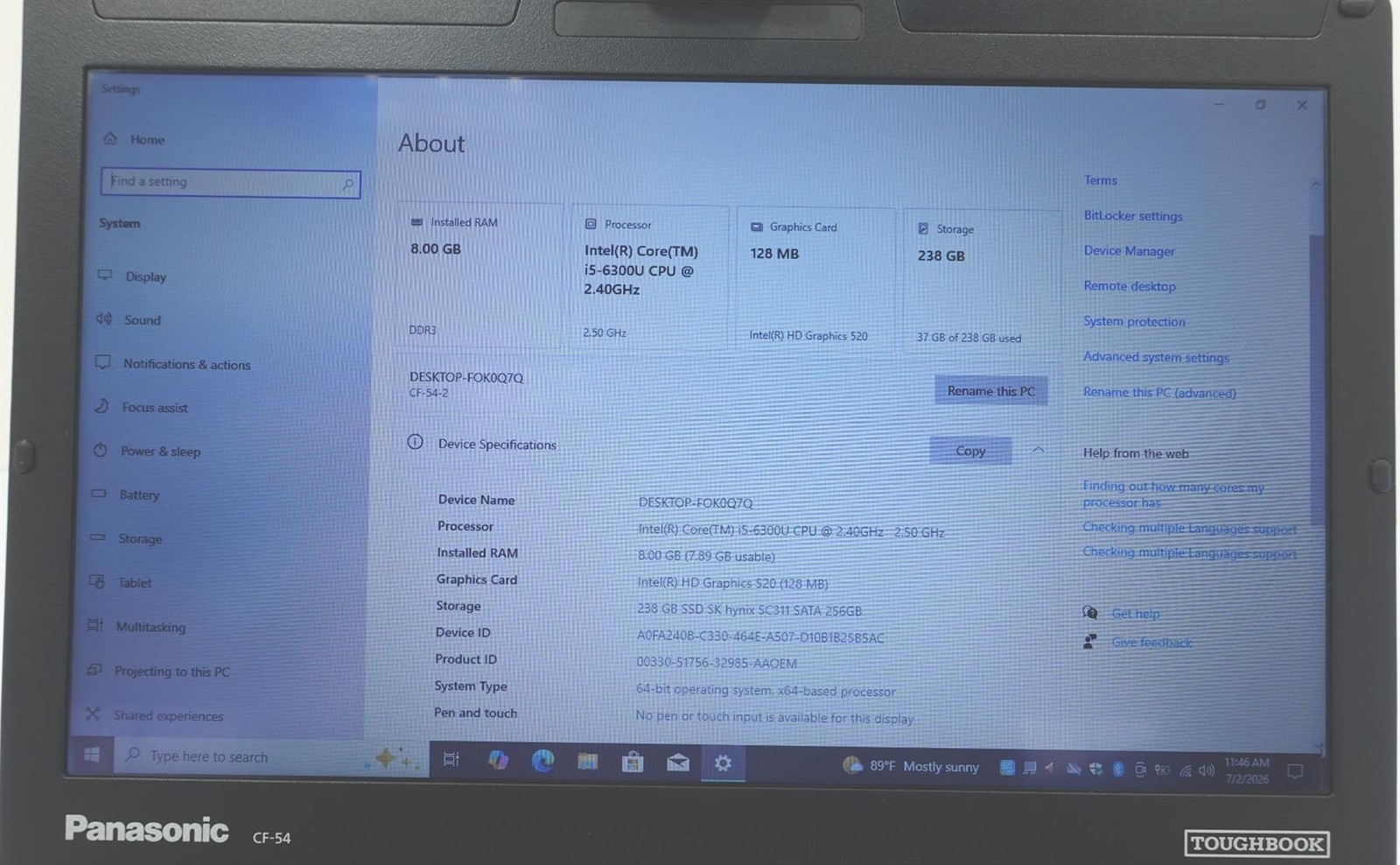 Panasonic Toughbook CF-54 Core i5-6300U 2.40GHz 8GB 256GB Non Touch