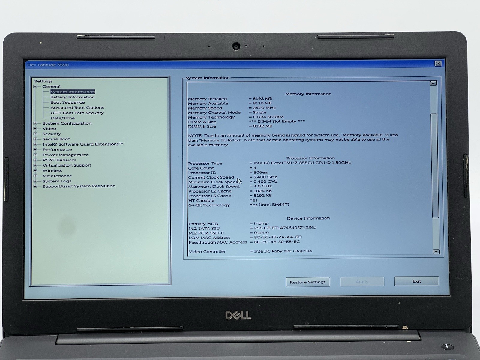 Dell Latitude 3590, i7-8550U CPU, @ 1.80GHz, 8GB RAM, 256GB SSD-No OS/Charger