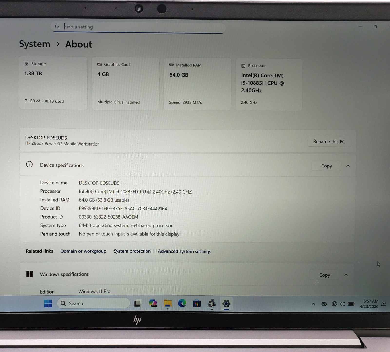 HP Zbook Power G7 i9-10885H 64GB RAM 1.5TB SSD T2000 4GB GPU Win11 Pro Laptop PC