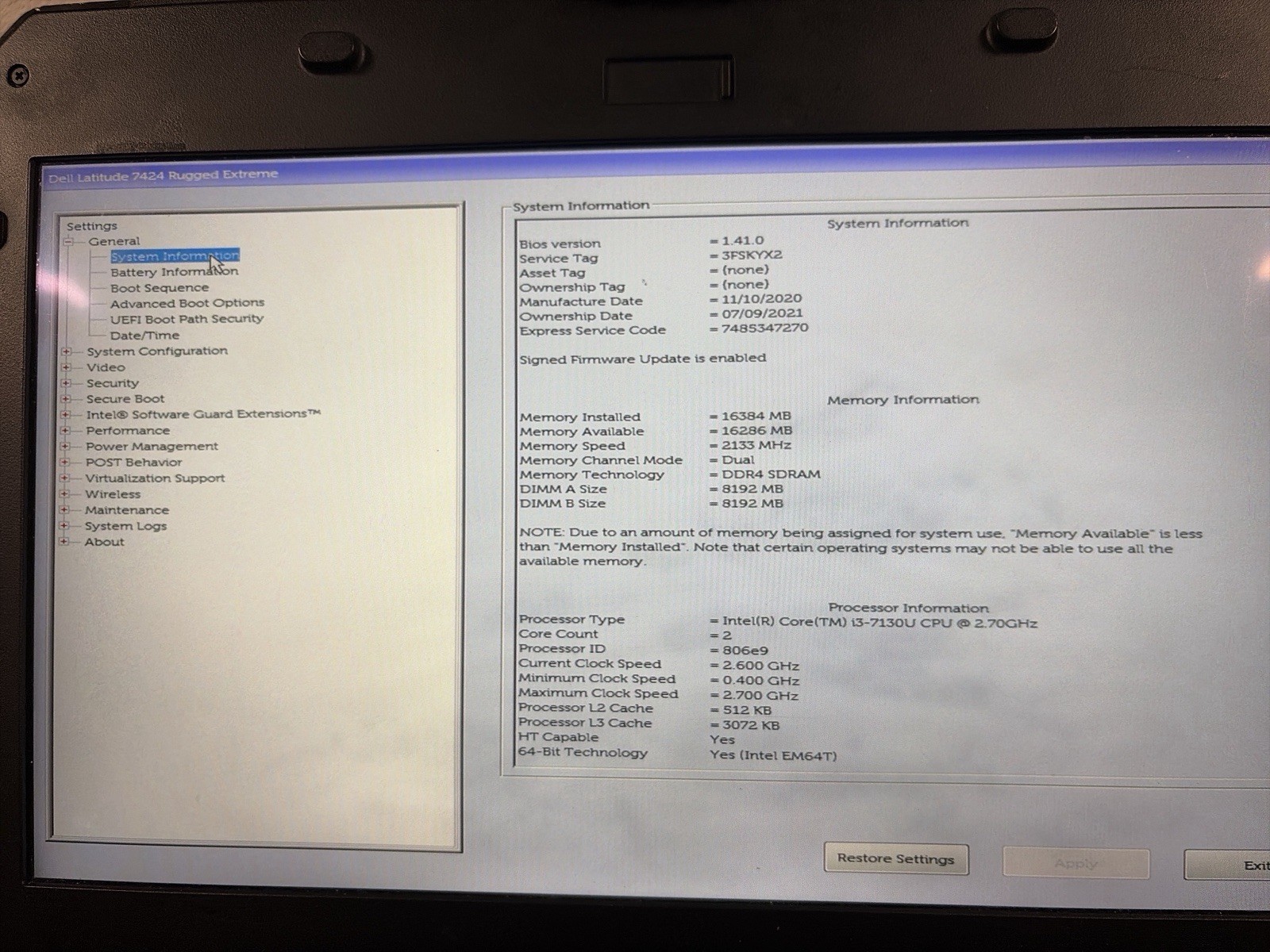 Dell Latitude 7424 Rugged Extreme i3-7130U 16GB 256GB NVMe Read