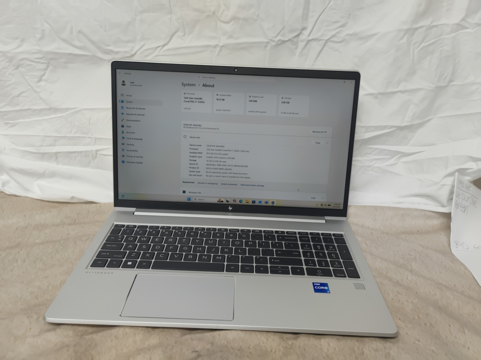 EliteBook 650 G9, i7-12th Gen, 16gb Ram, 256gb SSD, 10 Key, Win 11