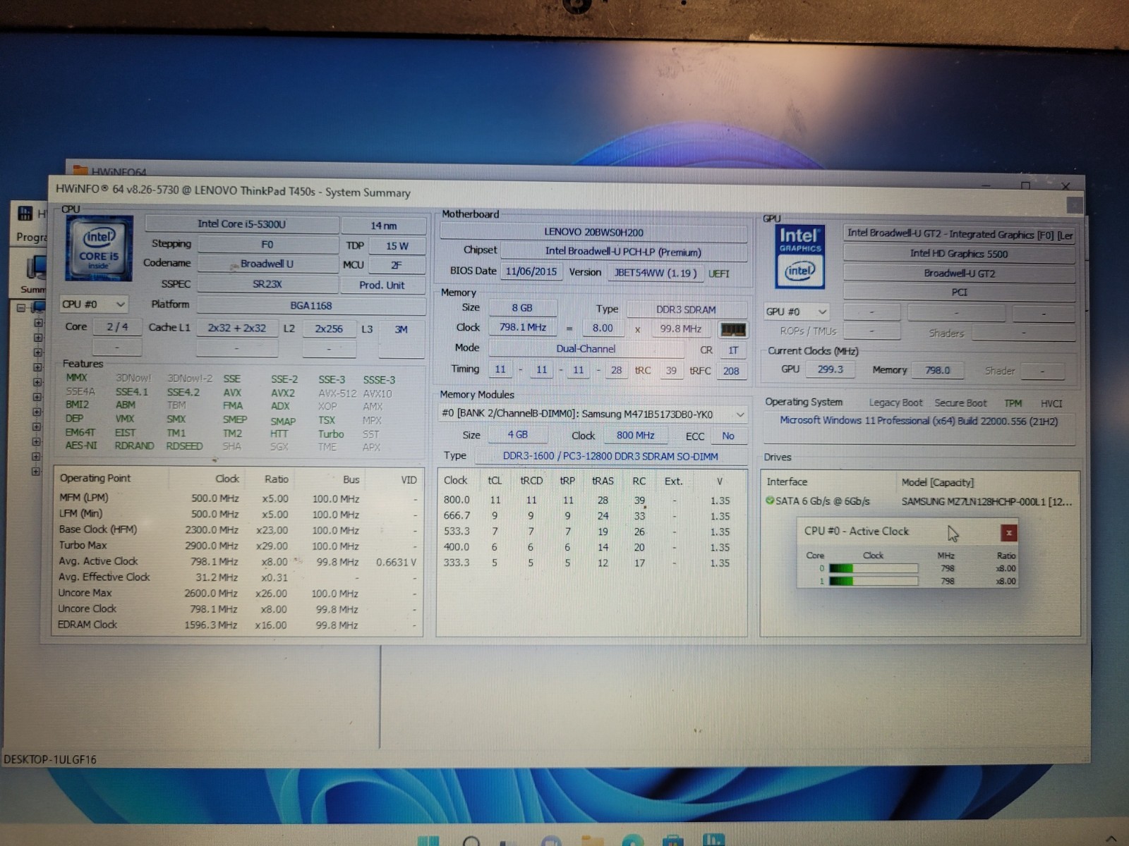 Lenovo ThinkPad T450s 14″ i5-5300u 2.3ghz 8gb ram 128gb ssd w11p USED PCOA83QD