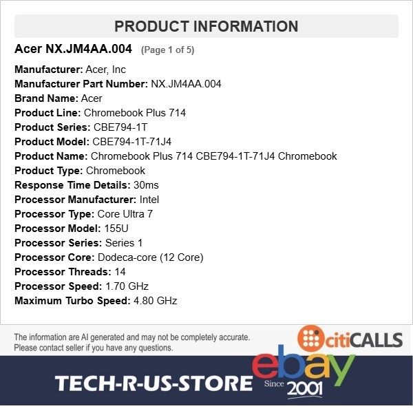 Acer NX.JM4AA.004 Chromebook Plus 714 14″ Touch Ultra 7 155U 16GB 512GB SSD