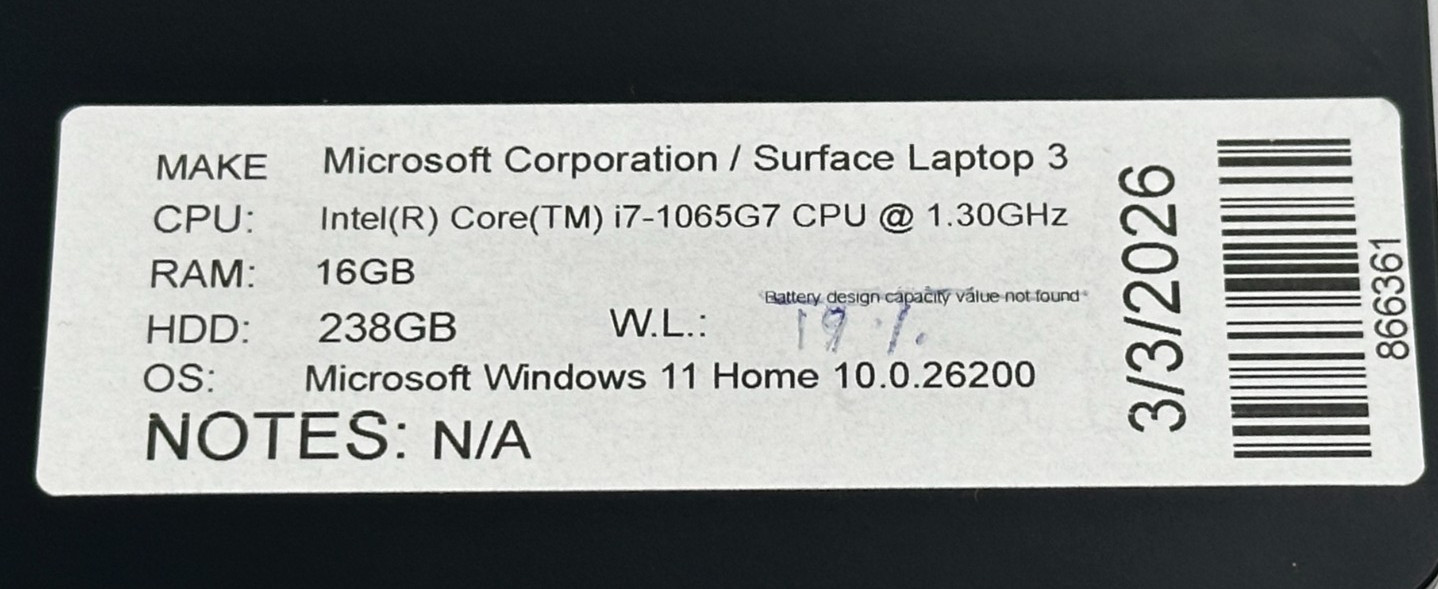 MICROSOFT SURFACE 3 LAPTOP CORE i7-1065g7 @ 1.30 GHZ 16GB RAM 238GB SSD (lp666)