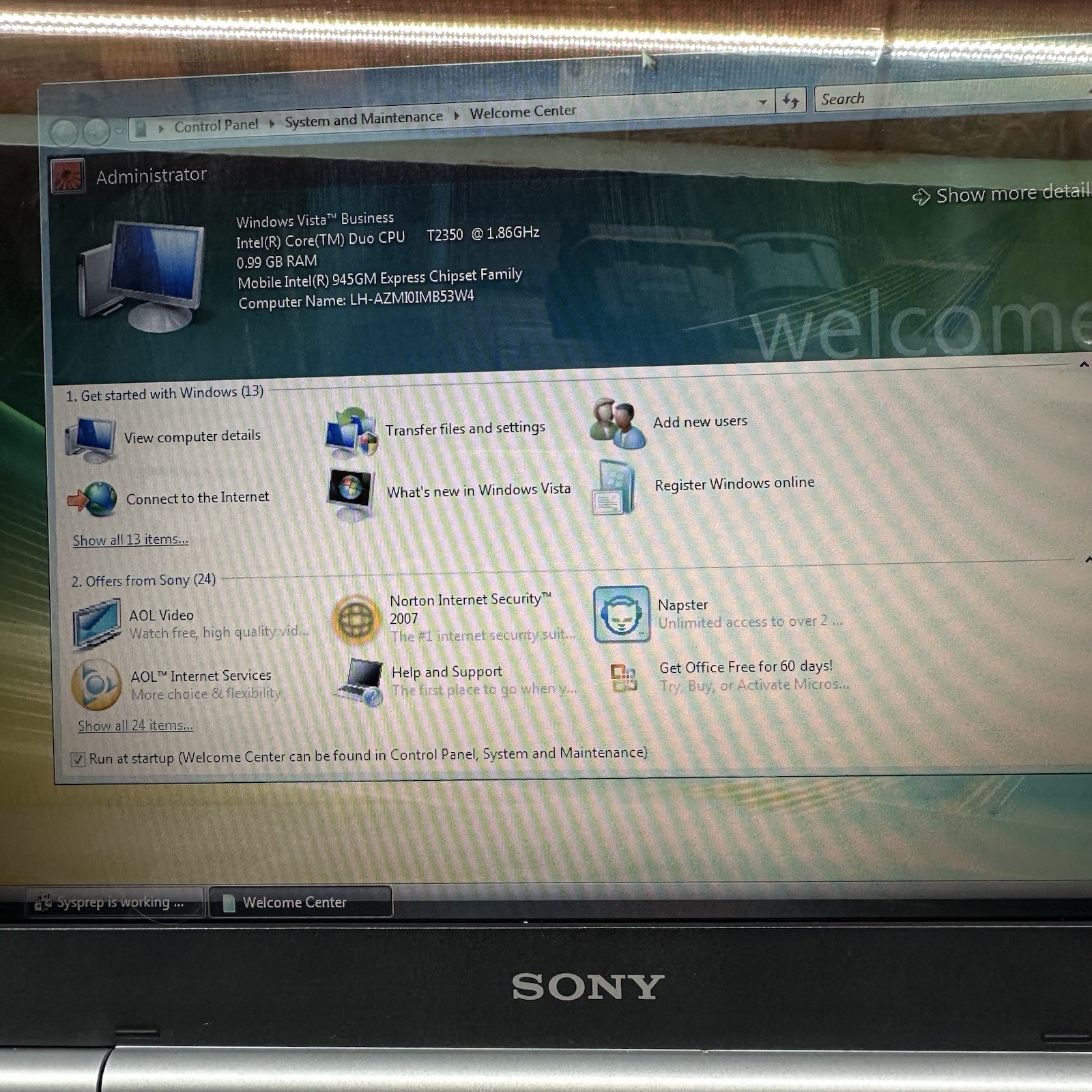 Sony VAIO PCG-7Y1L Laptop OEM Charger Windows Vista Business 100GB HDD Tested