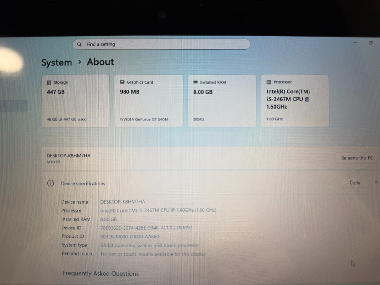 Alienware M11x R3 i5-2467M 8GB Ram 500Gb SSD GT 540M NEW BATT, W/AC
