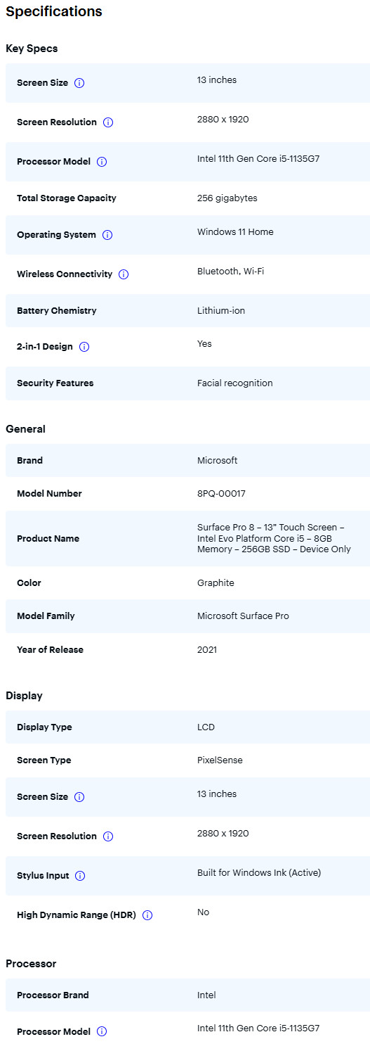 Microsoft Surface Pro 8 13″, Intel i5, 8GB, 256GB, Case, Two cords, 8PQ-00017