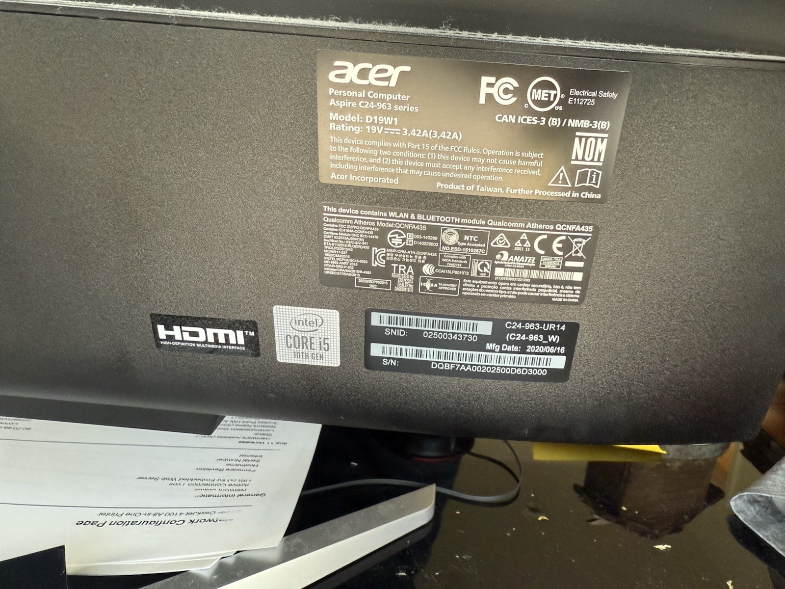 Acer Aspire C24 23.8″ (1TB, Intel Core i5-8250U,1.60GHz ,8GB) All in One-Silver