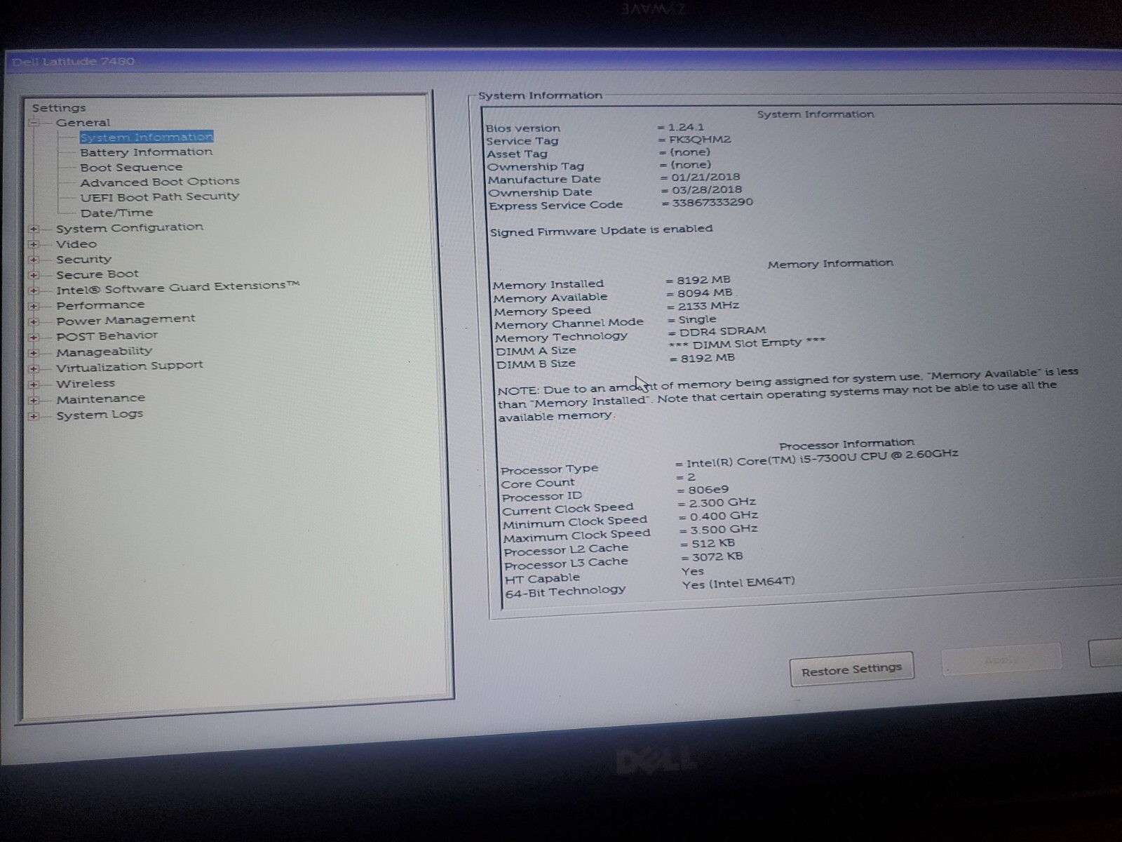 Dell Latitude 7480 Intel i5-7300U @ 2.60GHZ 8GB 120GB SSD