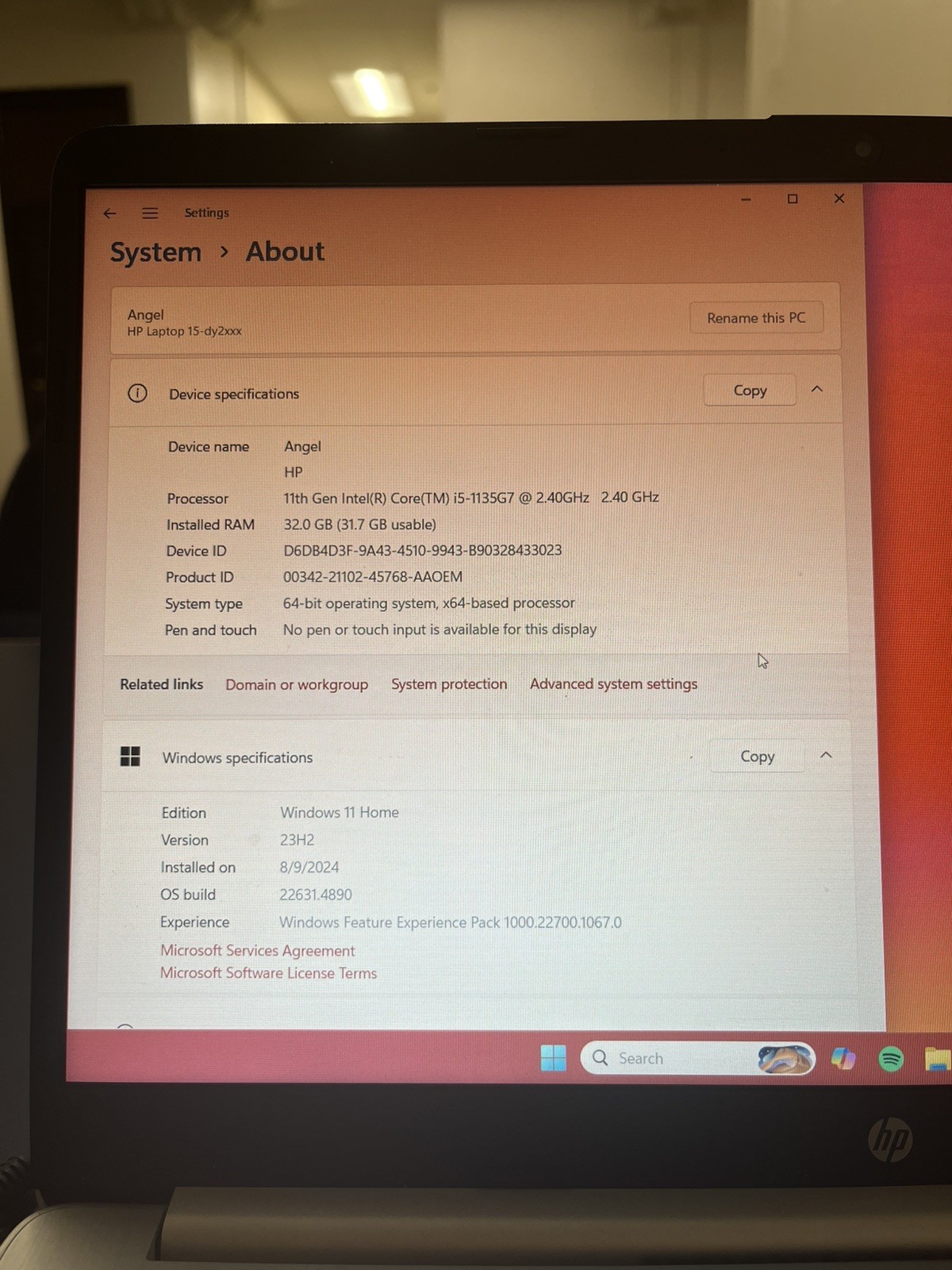 silver hp laptop 15-dy2xxx 32gb ram 15.6 inch screen