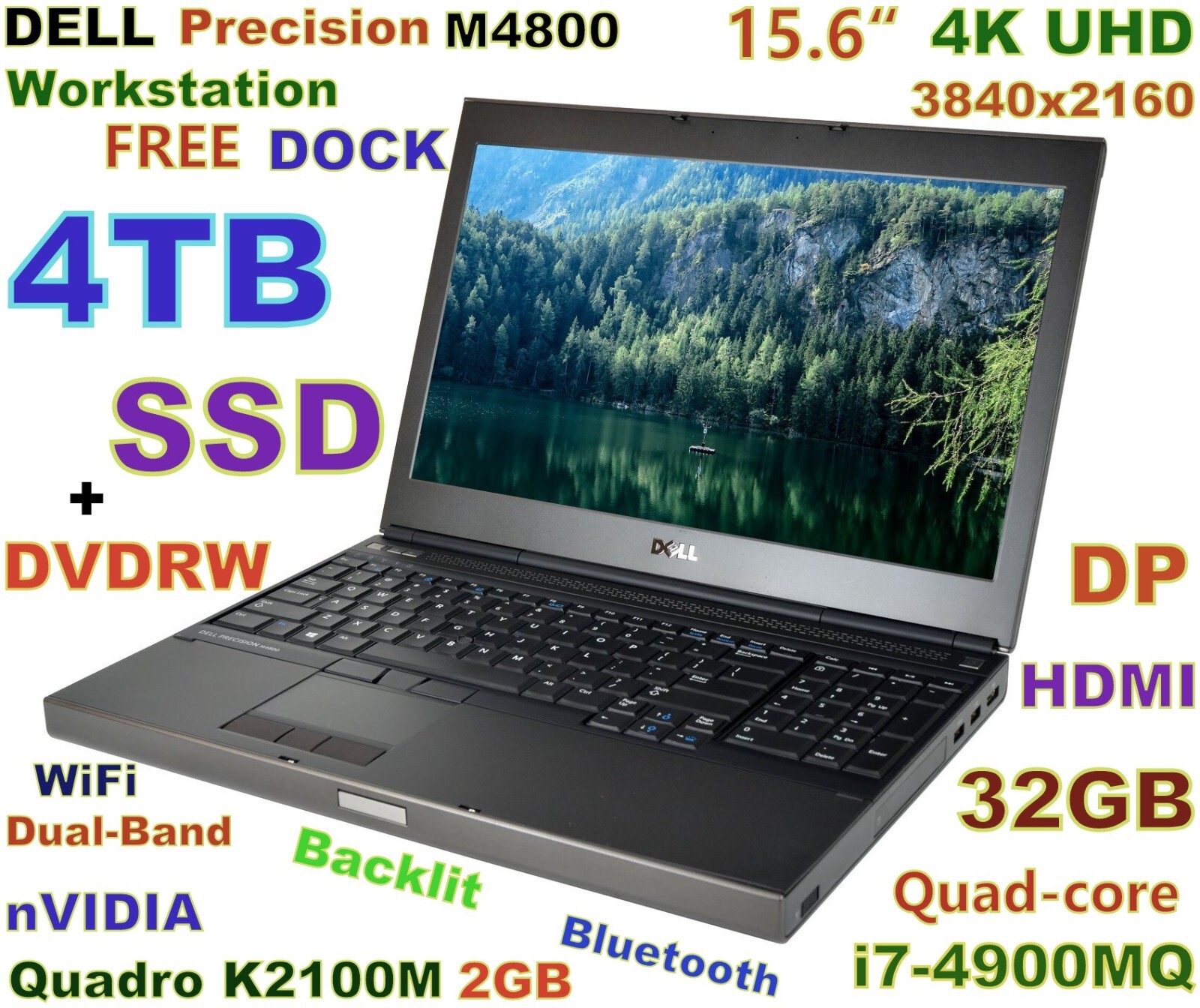 Workstation DELL M4800 i7-QUAD FAST 4TB SSD DVDRW 32GB 15.6″ 4K Quadro Docking