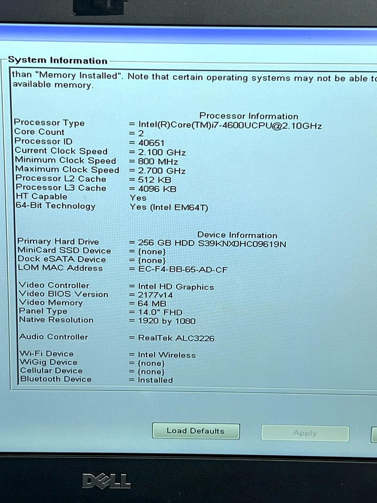 Dell Latitude E7440 14″ Laptop Intel Core i7-4600U 2.1GHz 16GB RAM No HD, OS