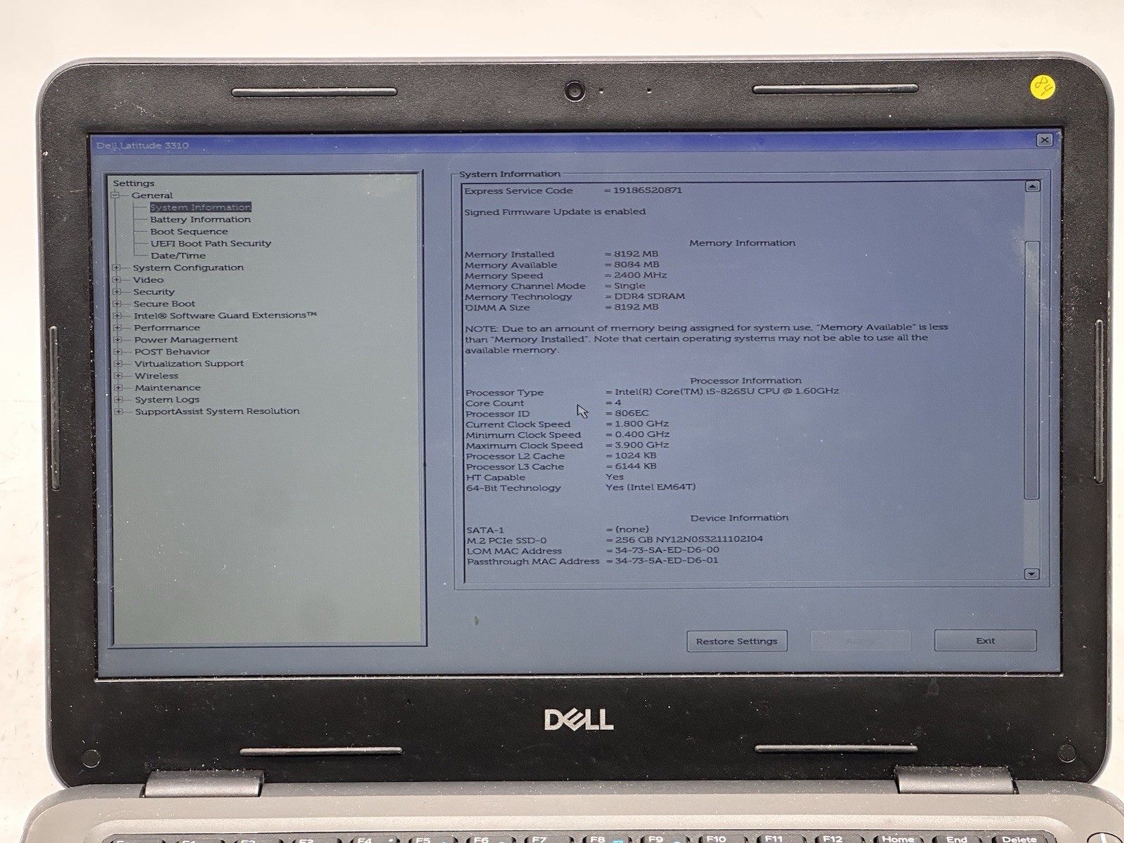 Dell Latitude 3310, i5-8265U CPU, @ 1.60GHz, 8GB RAM, 256GB NVMe-No OS/Adapter