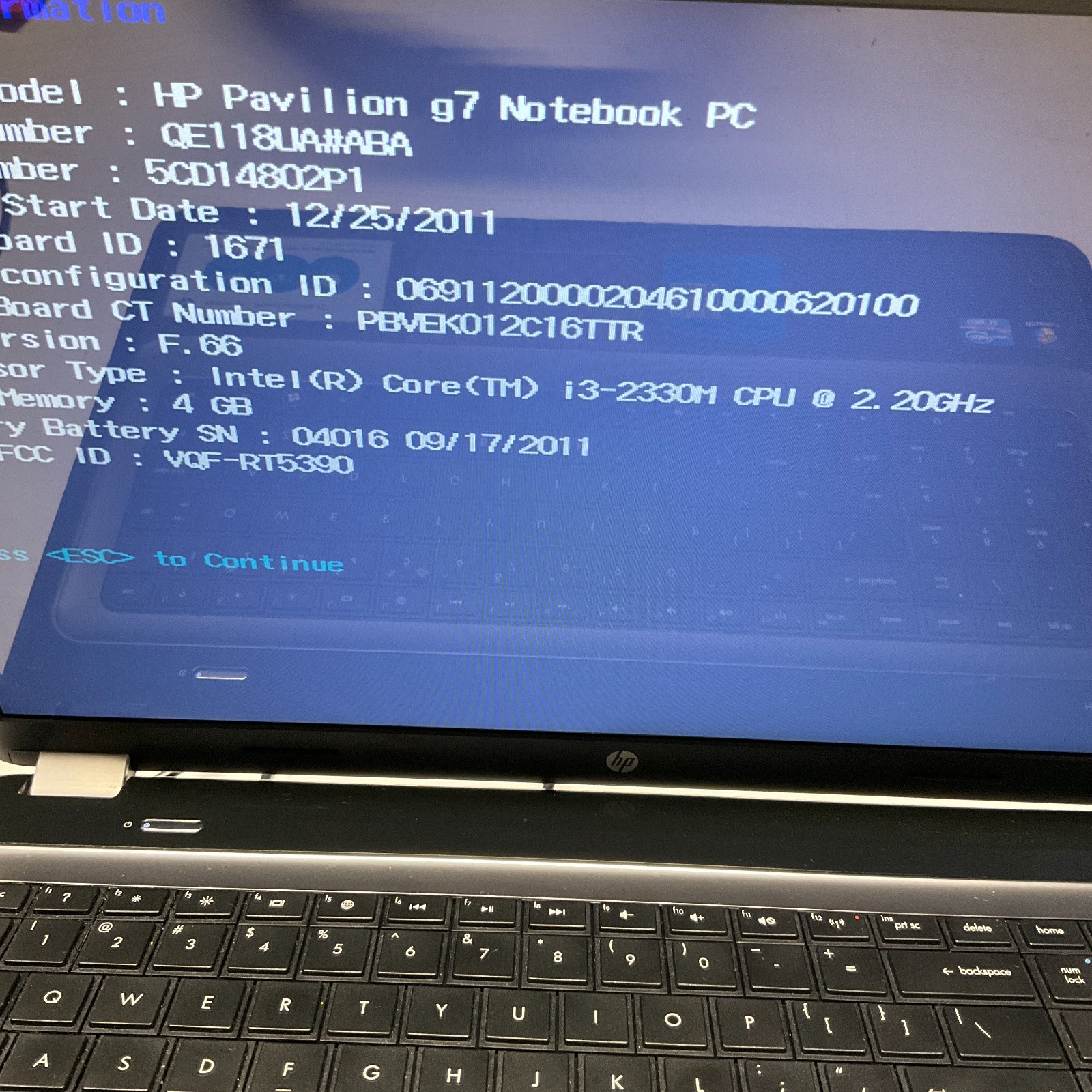 HP Pavilion g7 Laptop Intel Core i3-2330M @ 2.20 GHz 4GB NO HDD NO OS Laptop