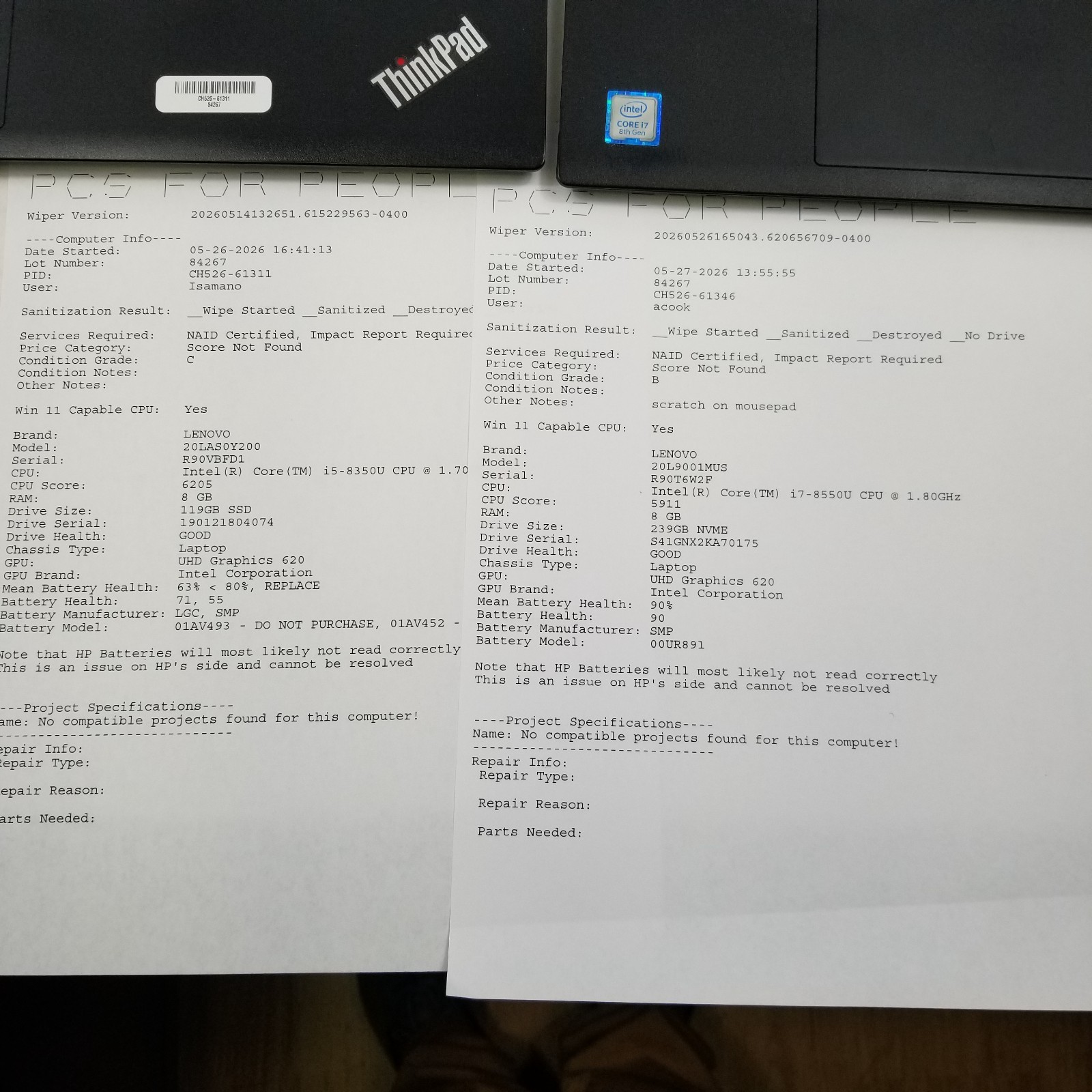 Lot of 7 Lenovo ThinkPad T580 15.6″ Laptop Mixed Specs Core i5 / i7 *Read*