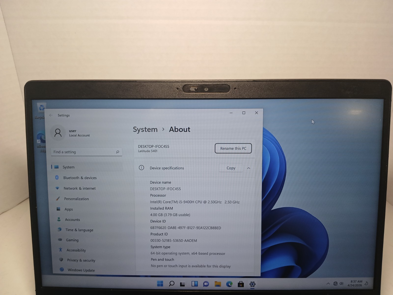 Dell Latitude 5401 Laptop i5-9400H 2.5GHz 4GB RAM 256GB SSD Win11 NO BATTERY #97