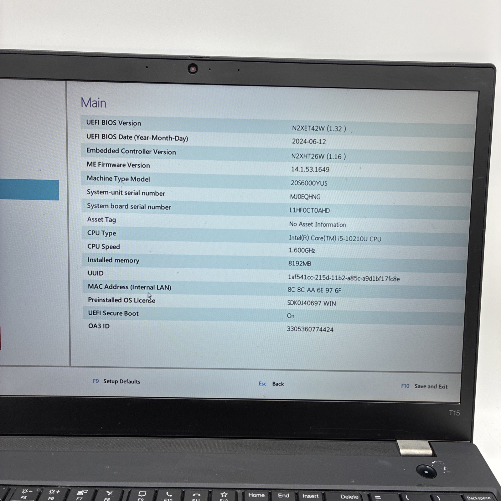 Lenovo ThinkPad T15 Gen 1 FHD i5-10310U 1.60GHz 8GB RAM, NO SSD – READ! – (L23)
