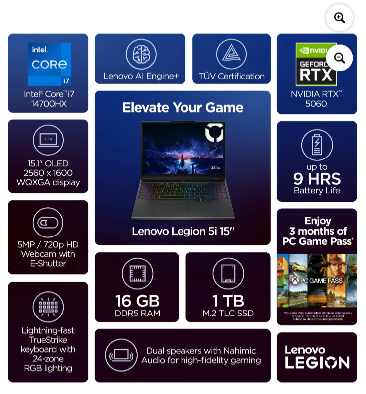 Lenovo Legion 5i 15.1″ OLED WQXGA Laptop, Intel Core i7 14700HX, 16GB RAM, 1TB S