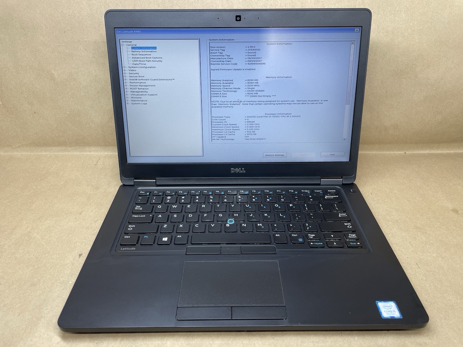 Dell Latitude 5480 Intel Core i5-7200U @2.50GHz 8GB RAM NO SSD NO OS