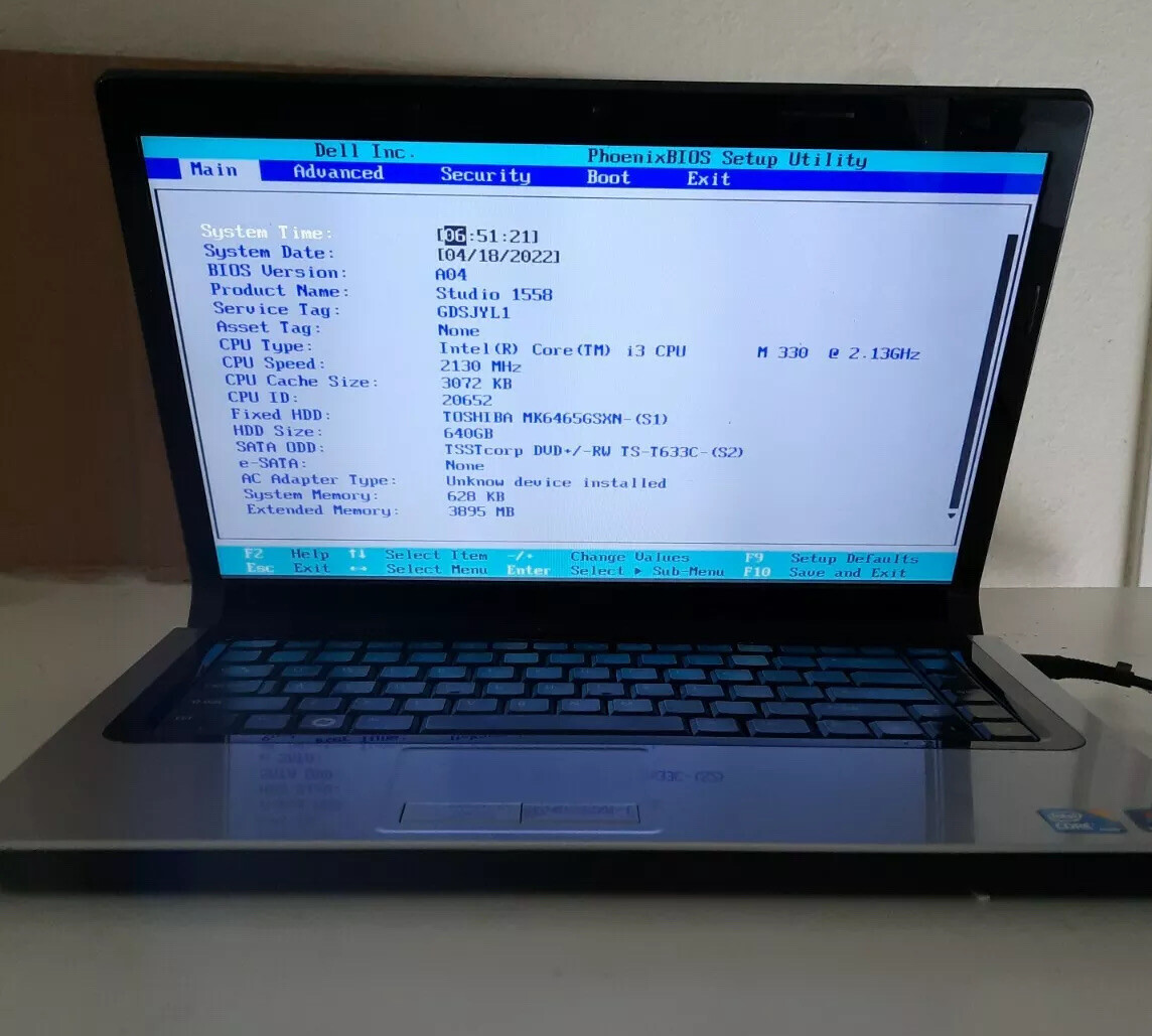Dell Studio 1558 Core I3 CPU 2.13GHz 15”Screen **** Non working For Parts Only
