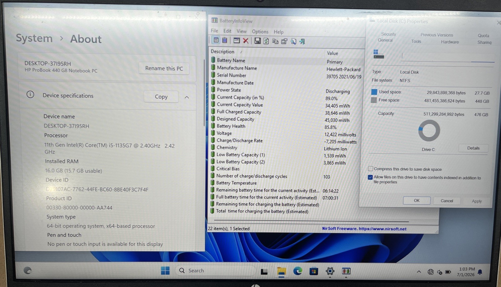 HP Probook 440 G8, Intel i5-1135G7 @2.40GHz, 16GB RAM, 512GB SSD, W11P *READ*