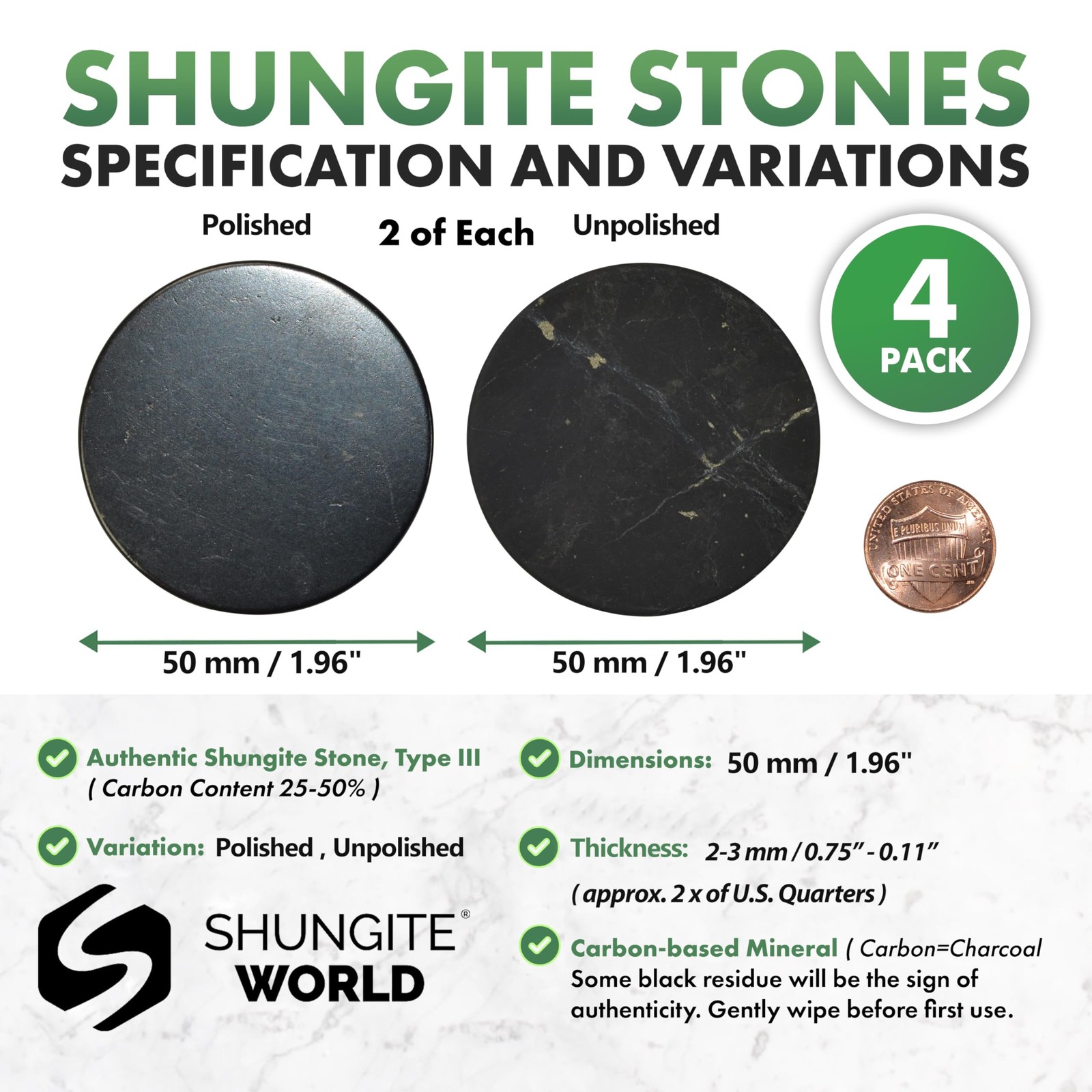 Shungite World 4pc Shungite Stickers Set Round 50mm Polished Unpolished