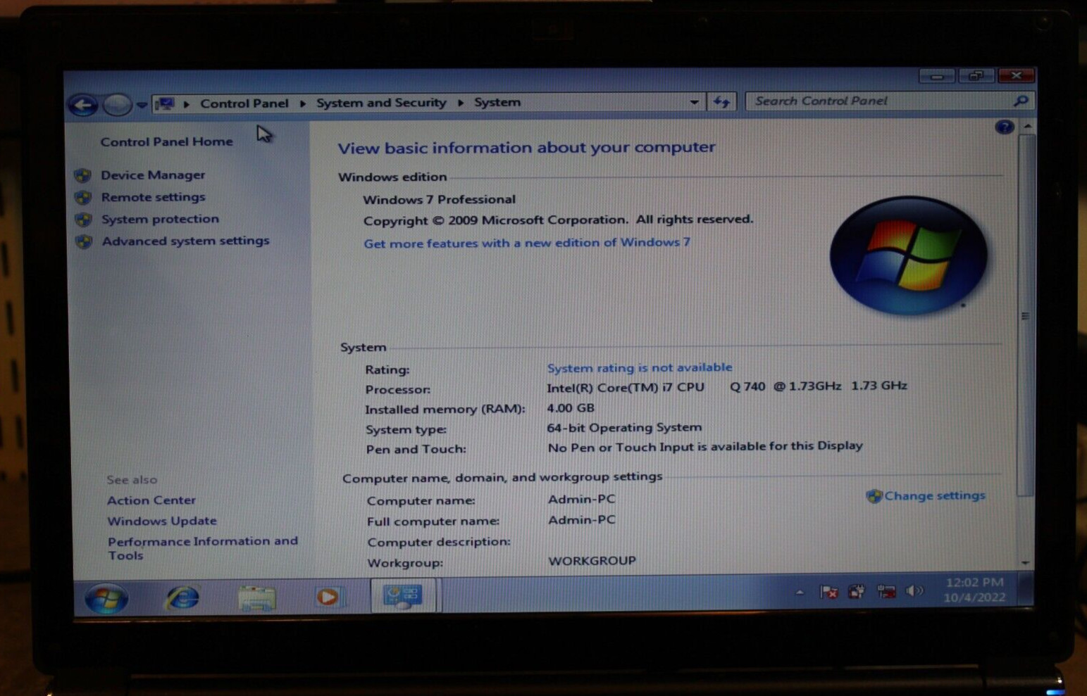 CLEVO W86CU For Parts Booted Windows 240GB SSD Wiped 4GB Ram i7-Q740@1.73GHz CPU