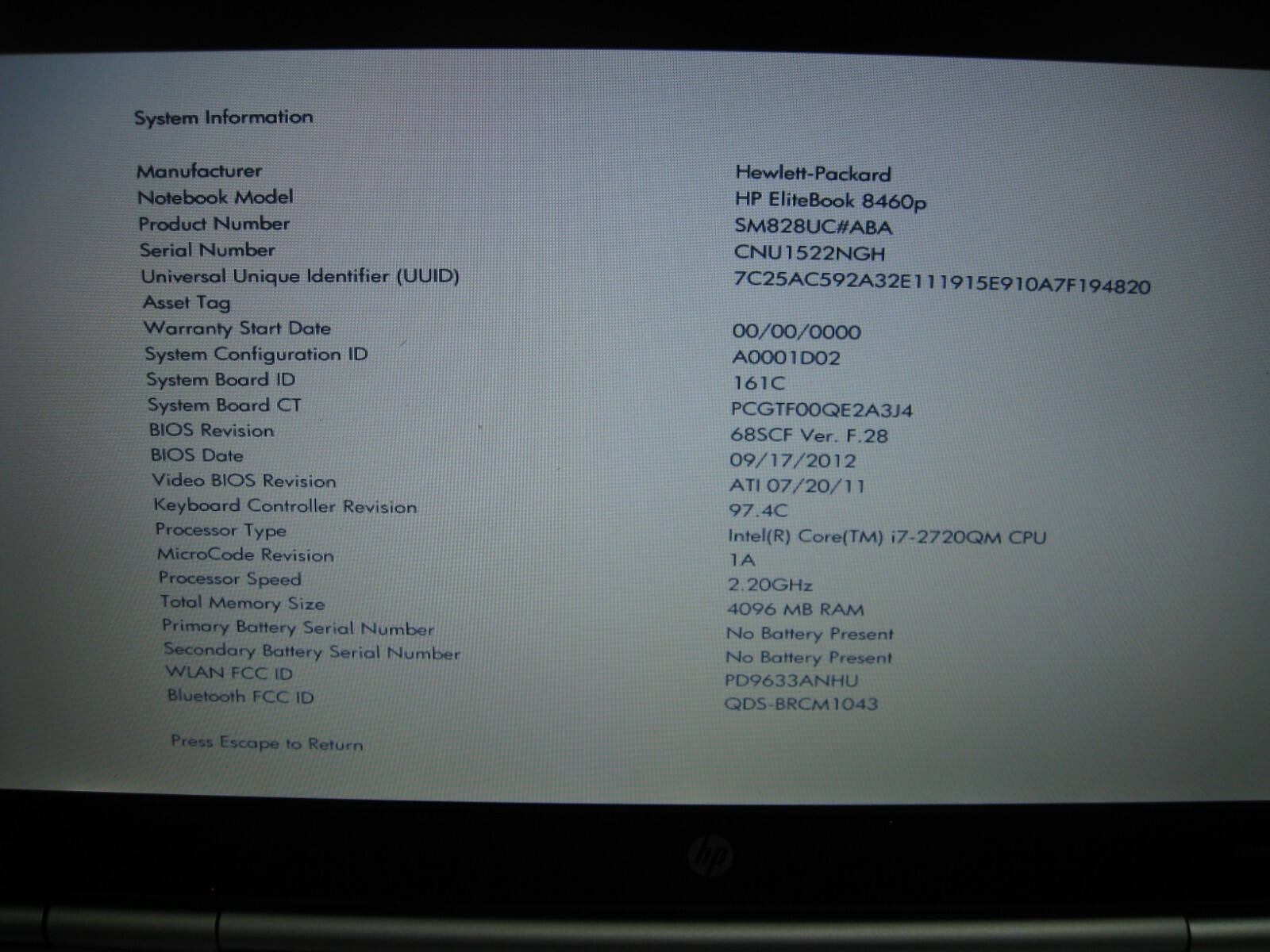 HP Elitebook 8460p Intel Core i7 2720QM 2.20GHz 4GB RAM 320GB HD NO OS AS-IS HDD