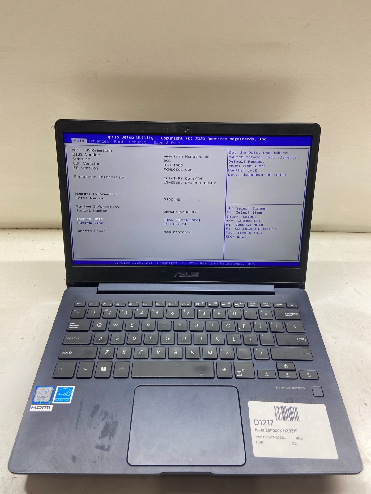 Asus Zenbook UX331F Intel Core i7-8565u 1.8GHz 8GB NO HDD